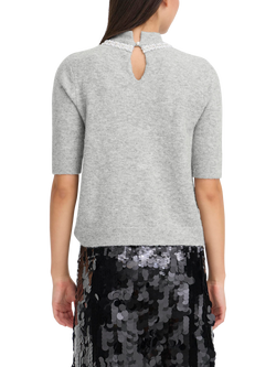 ICHI Macon Embellished High Neck Short Sleeve Jumper - view 2, Grey Melange