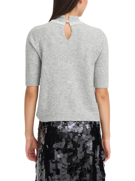 ICHI Macon Embellished High Neck Short Sleeve Jumper - view 2, Grey Melange