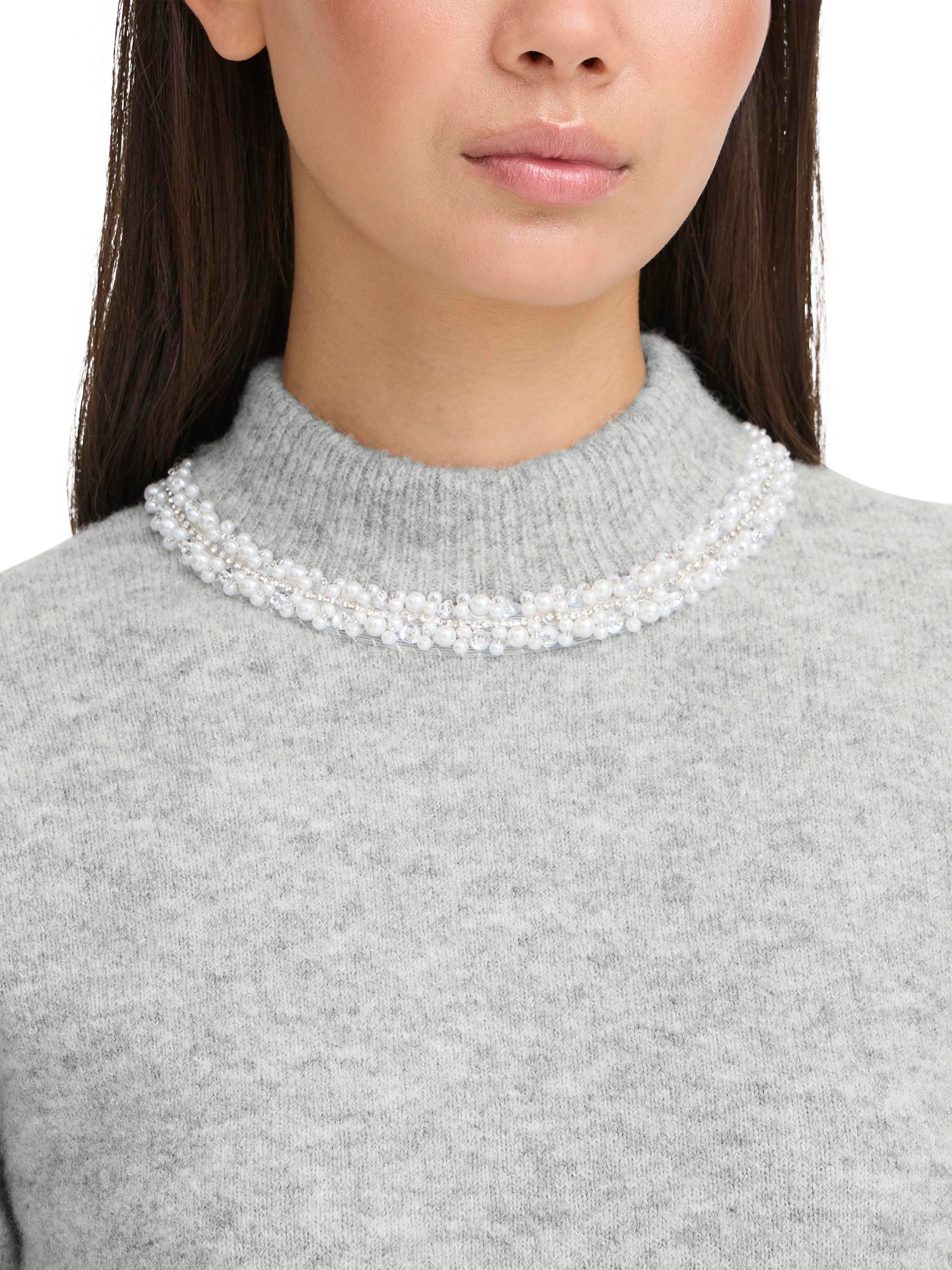 Product image 4 of 5, which shows ICHI Macon Embellished High Neck Short Sleeve Jumper , Grey Melange, XS