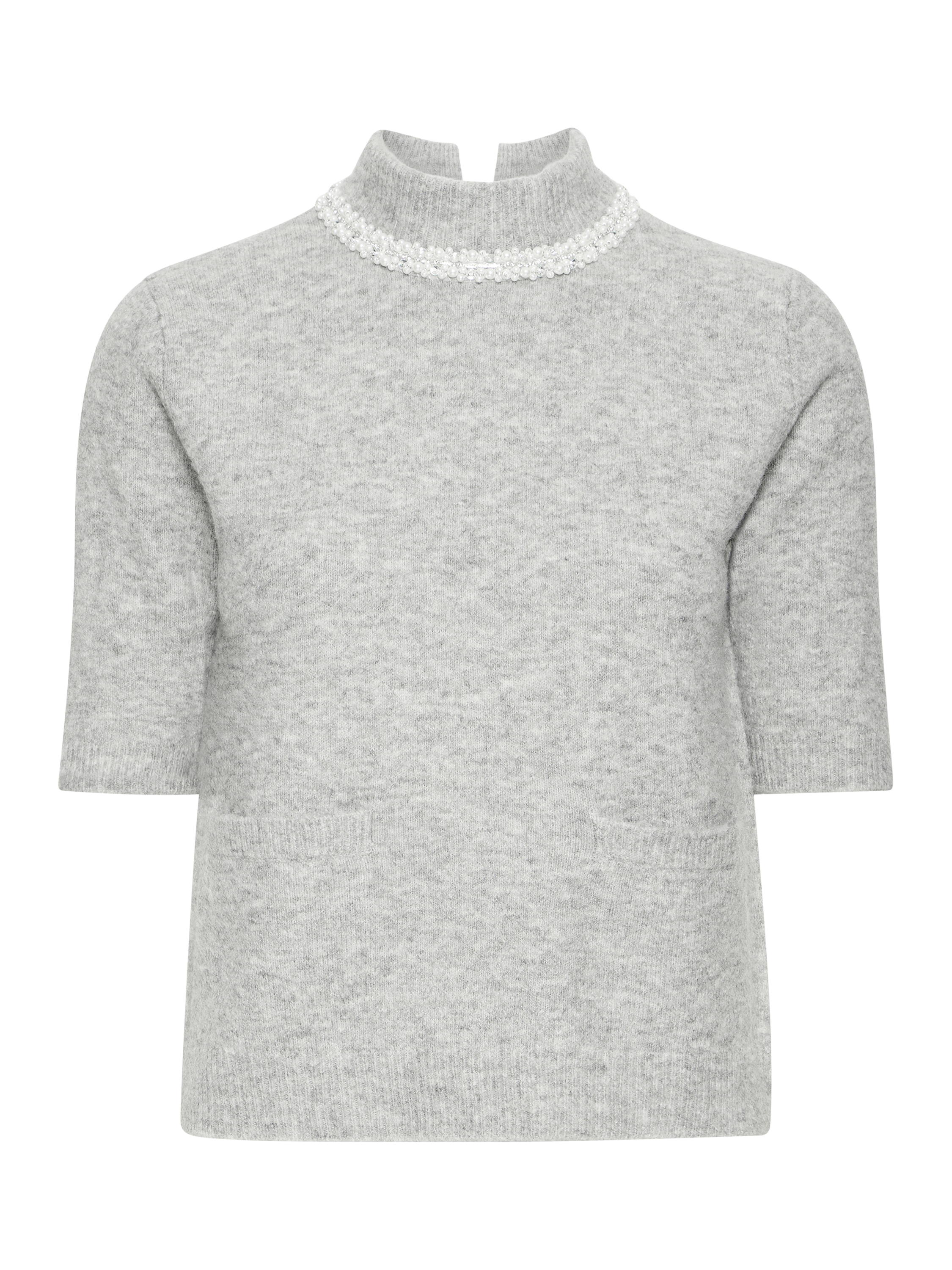 Product image 5 of 5, which shows ICHI Macon Embellished High Neck Short Sleeve Jumper , Grey Melange, XS