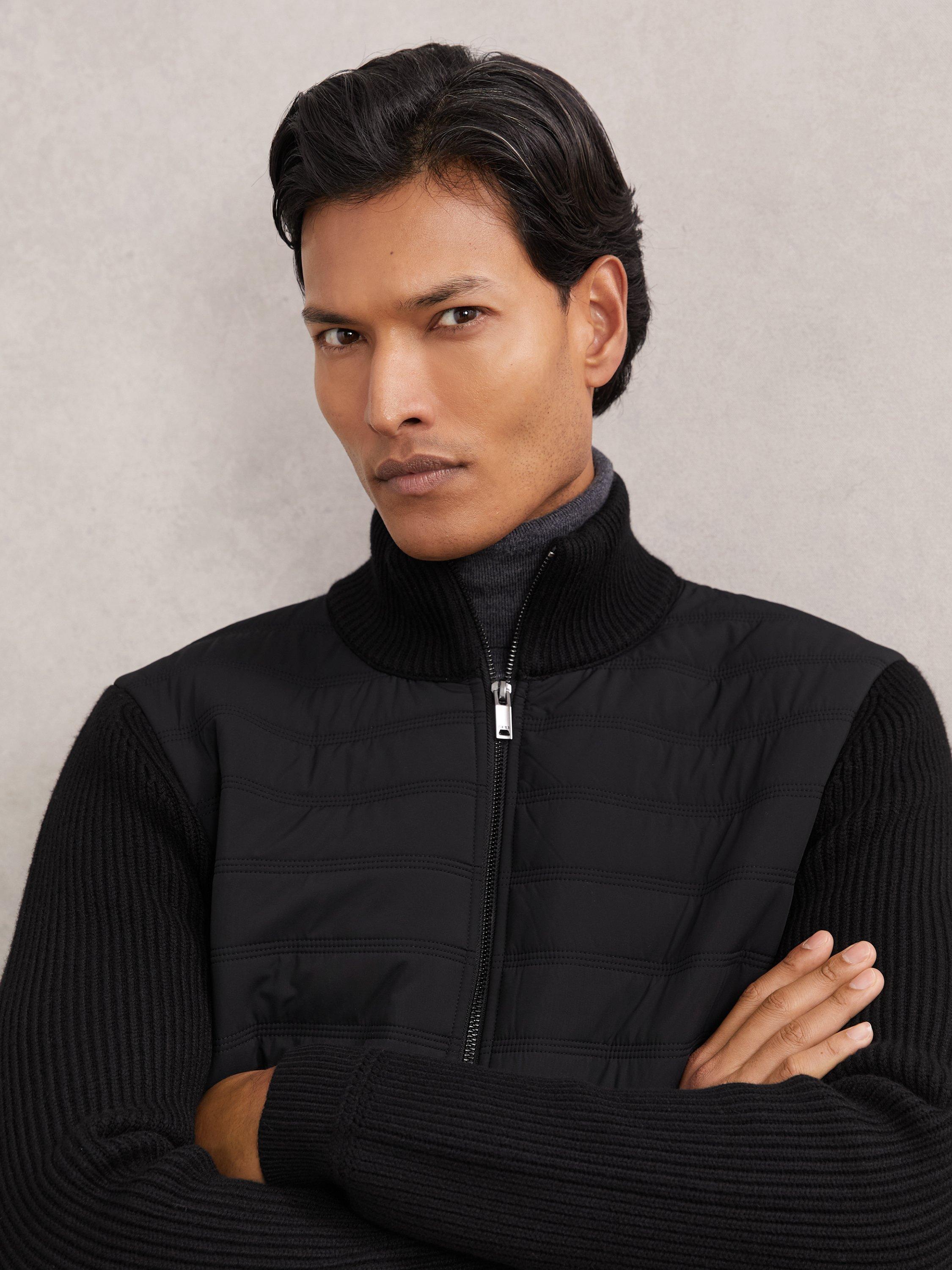 Product image 3 of 6, which shows Reiss Townsend Quilted Rib Knit Funnel Neck Jacket, Navy, Black, XS