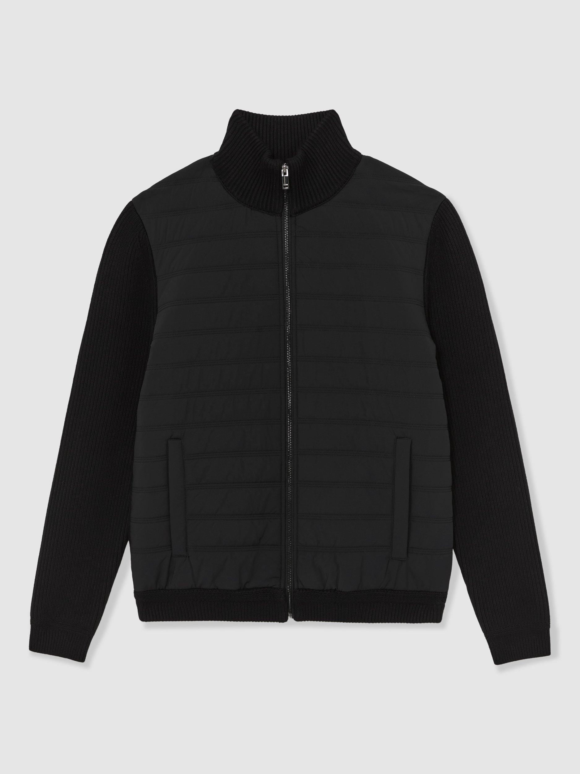 Product image 4 of 6, which shows Reiss Townsend Quilted Rib Knit Funnel Neck Jacket, Navy, Black, XS