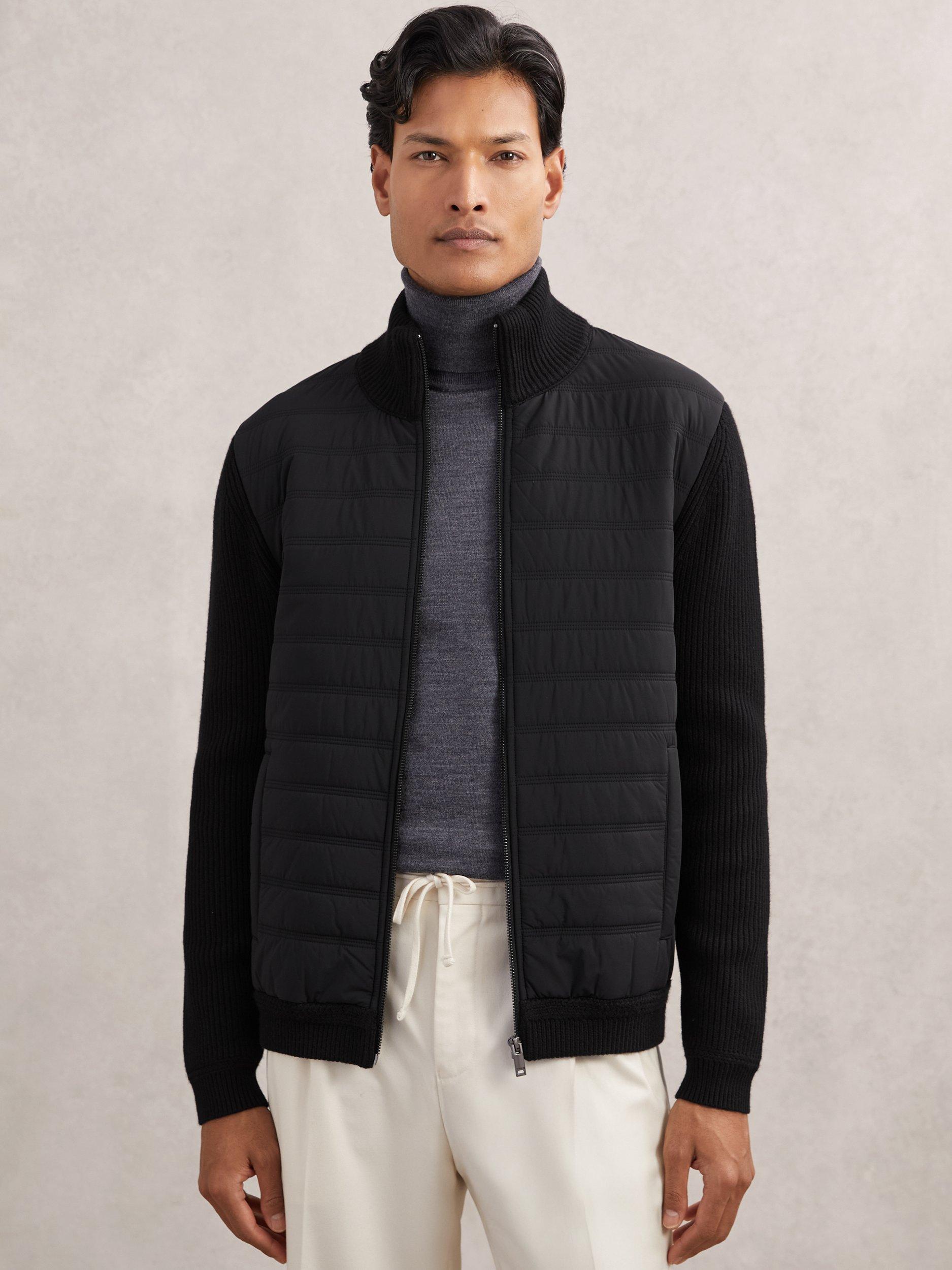 Product image 5 of 6, which shows Reiss Townsend Quilted Rib Knit Funnel Neck Jacket, Navy, Black, XS
