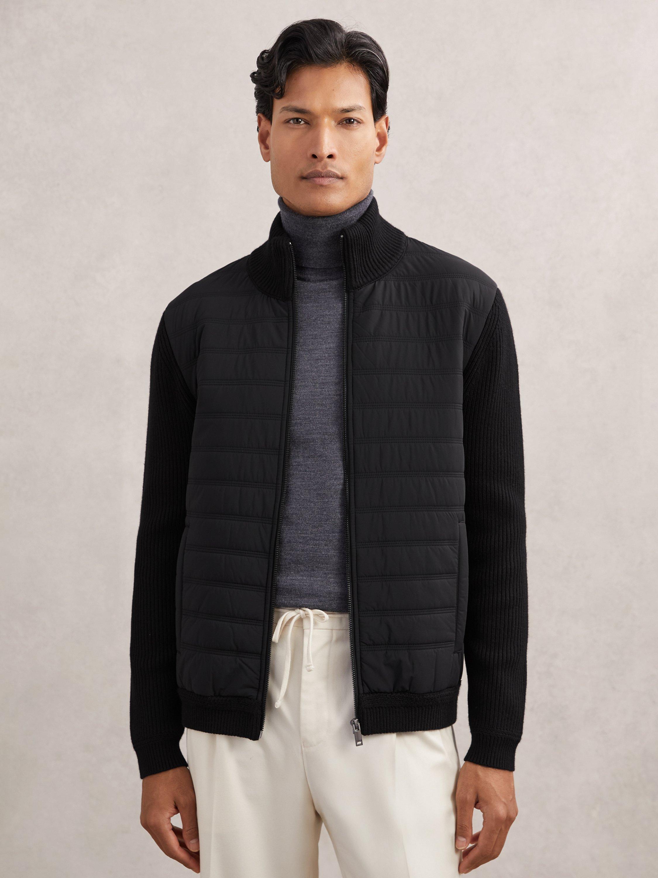 Product image 6 of 6, which shows Reiss Townsend Quilted Rib Knit Funnel Neck Jacket, Navy, Black, XS