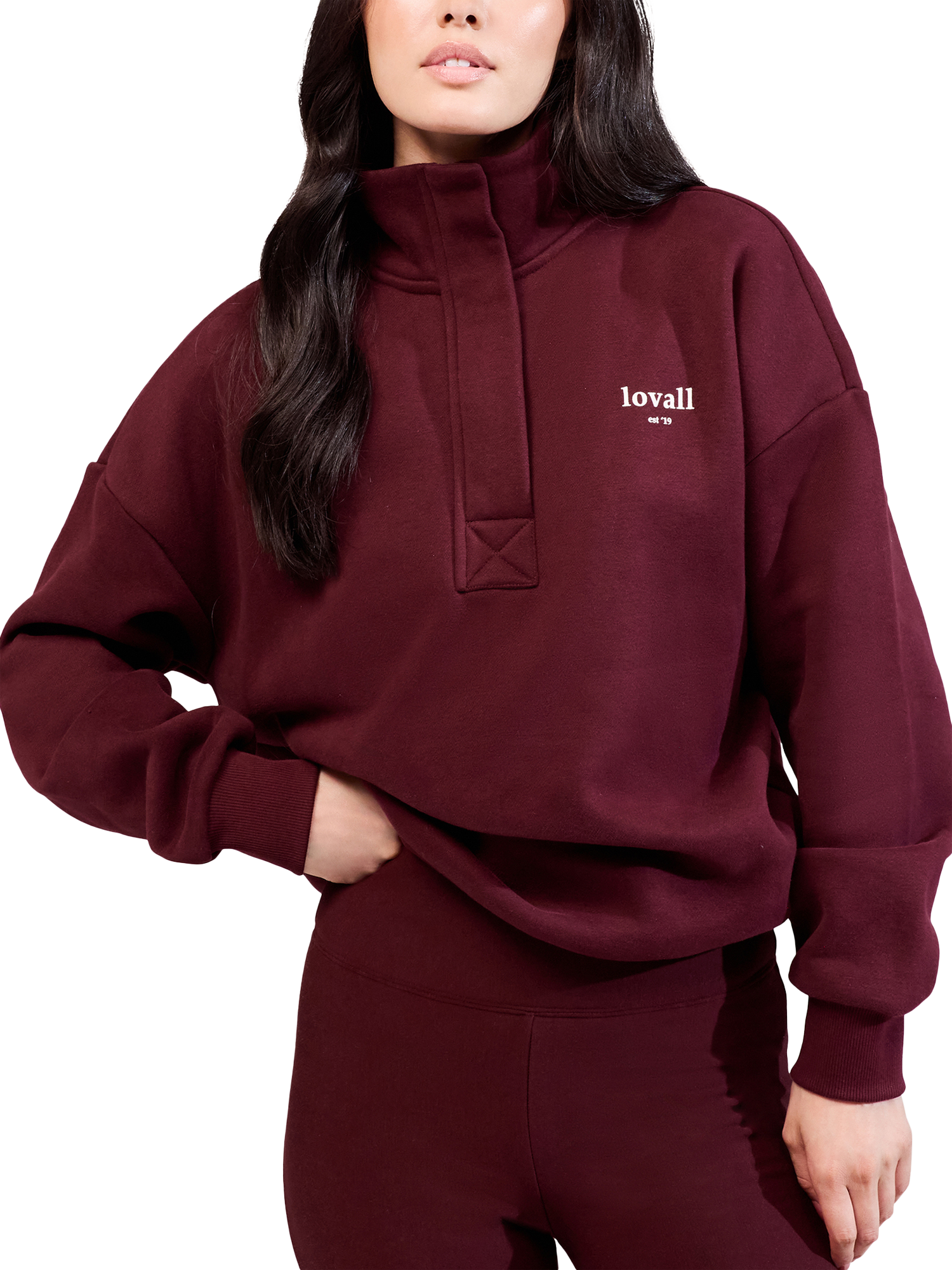 Product image 1 of 4, which shows Lovall Heavyweight Cotton Blend Quarter Zip Sweatshirt, Burgundy, 6