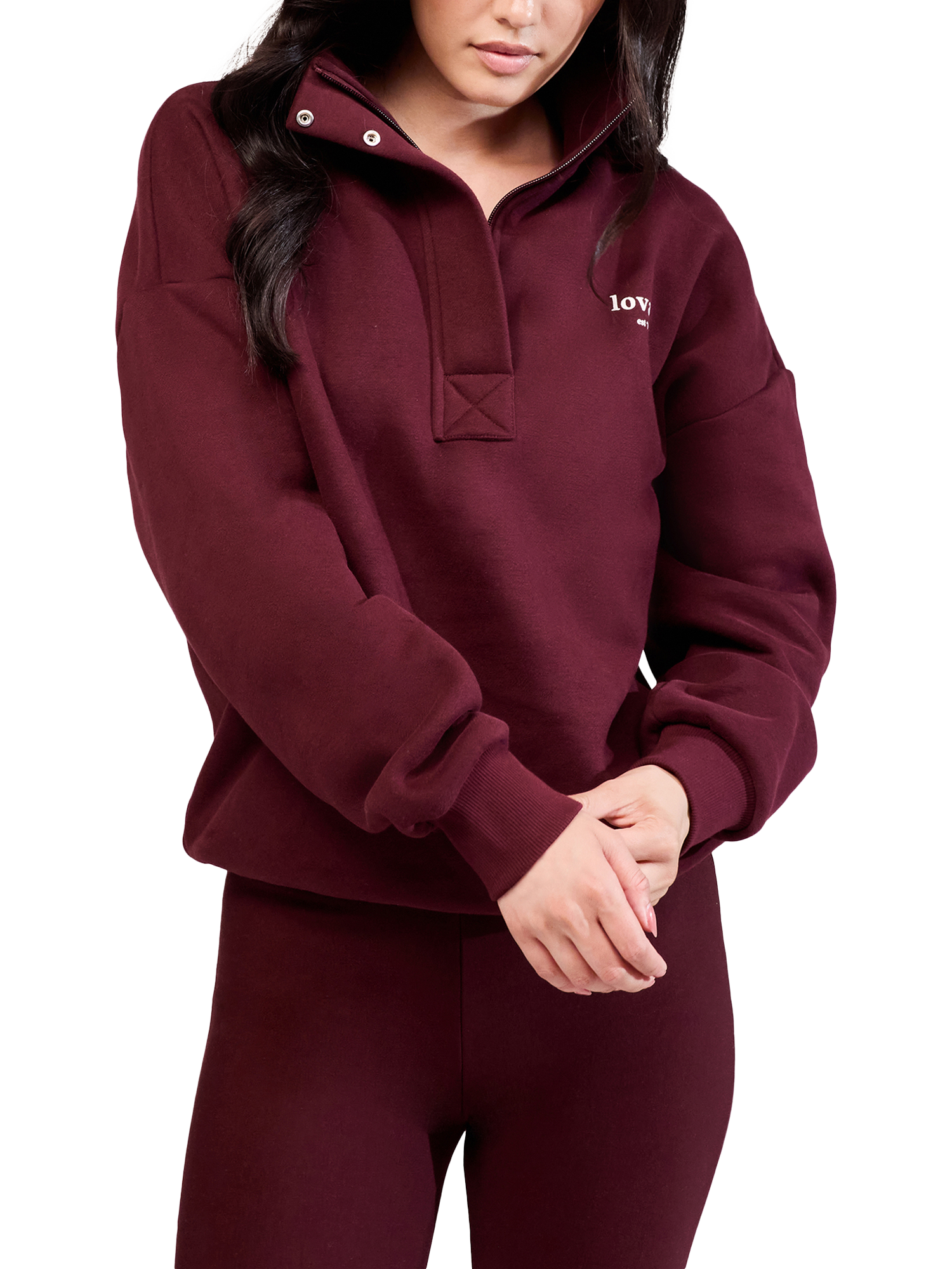 Product image 3 of 4, which shows Lovall Heavyweight Cotton Blend Quarter Zip Sweatshirt, Burgundy, 6
