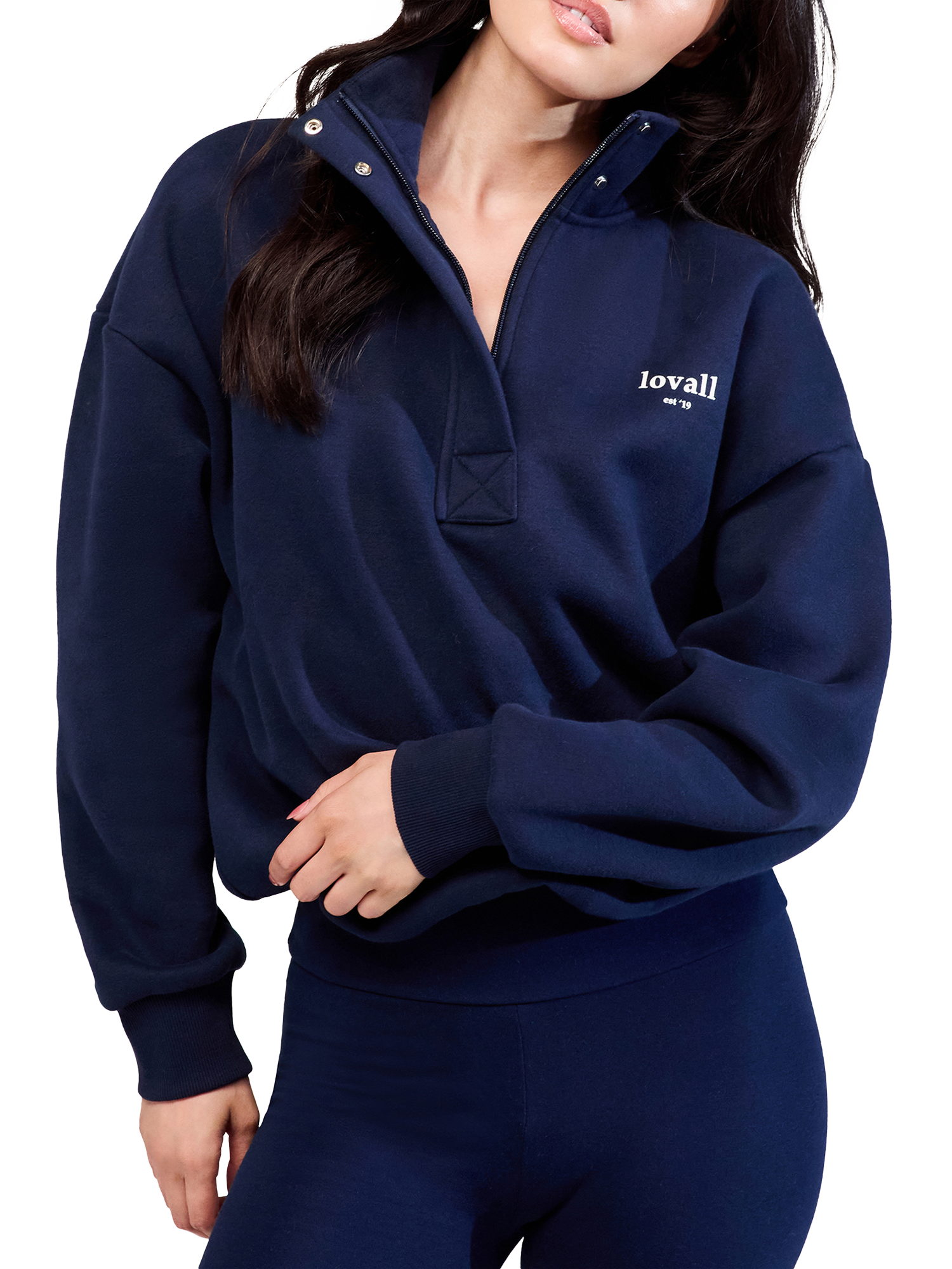 Product image 3 of 5, which shows Lovall Heavyweight Cotton Blend Quarter Zip Sweatshirt, Navy, 6