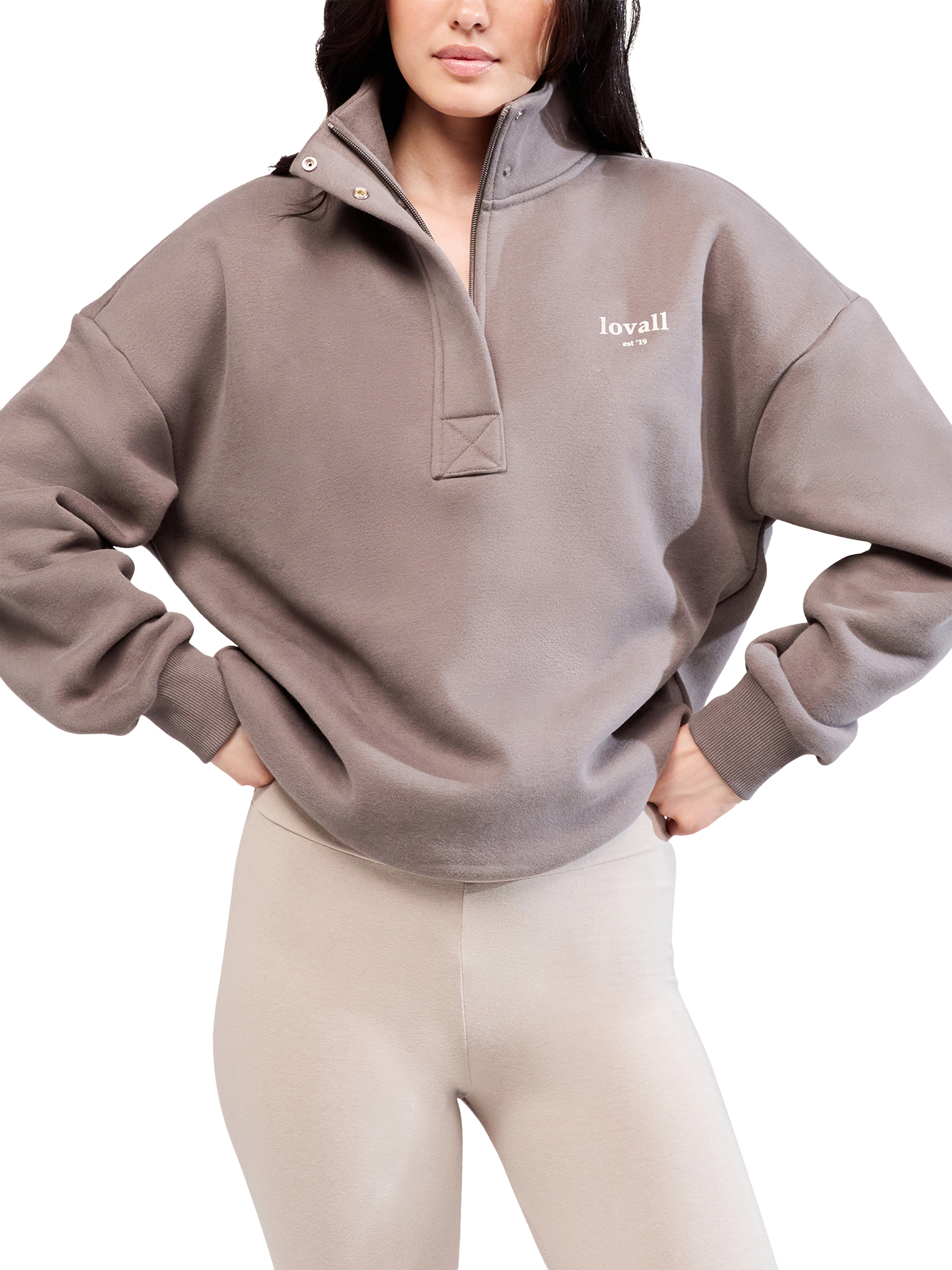 Product image 1 of 5, which shows Lovall Heavyweight Cotton Blend Quarter Zip Sweatshirt, Mocha, 6