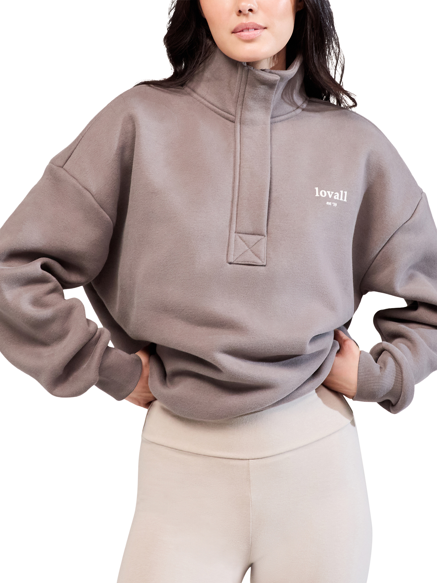 Product image 3 of 5, which shows Lovall Heavyweight Cotton Blend Quarter Zip Sweatshirt, Mocha, 6