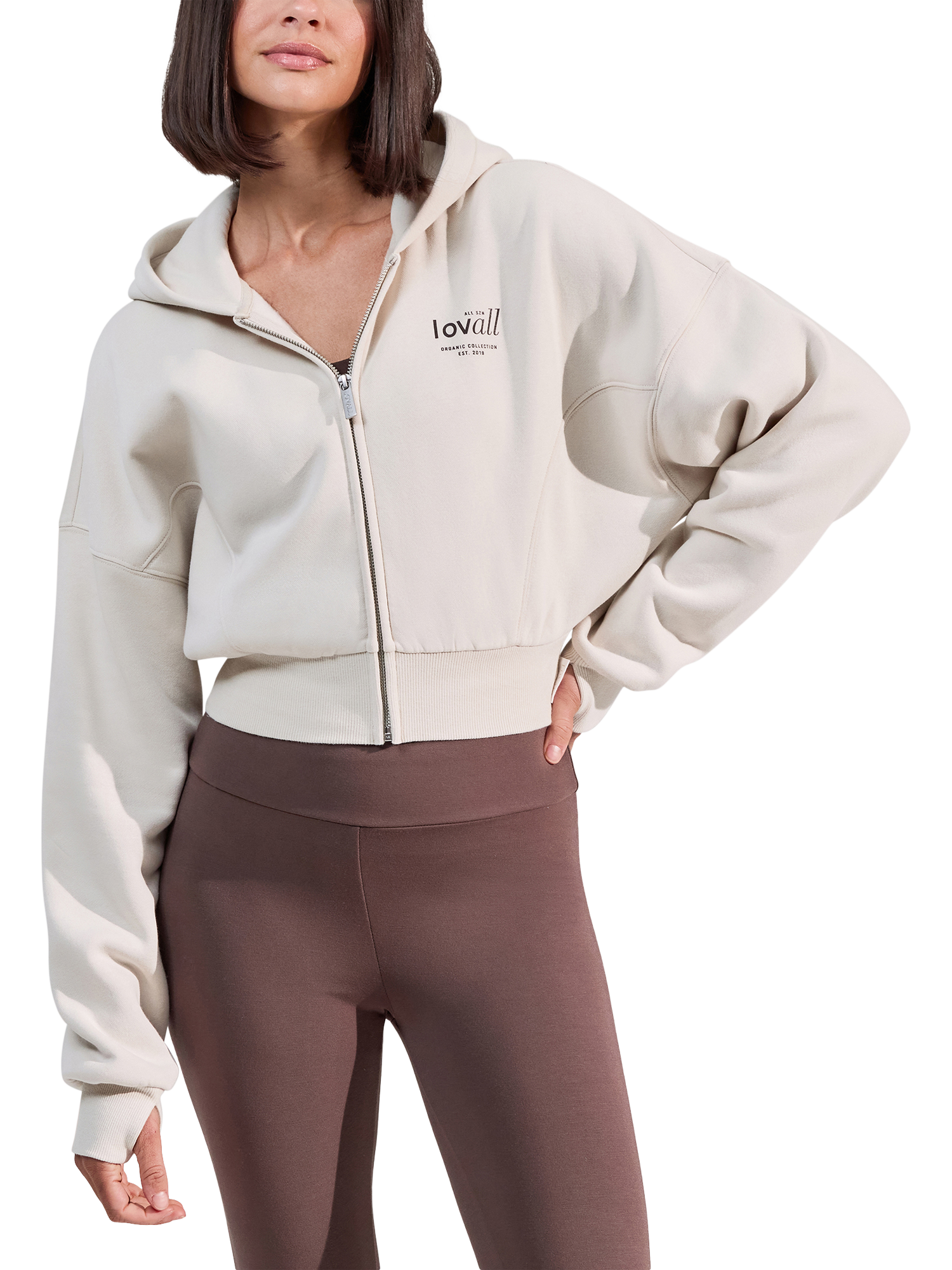 Product image 1 of 5, which shows Lovall ALL SZN Cropped Zip Through Hoodie, Ecru, 6