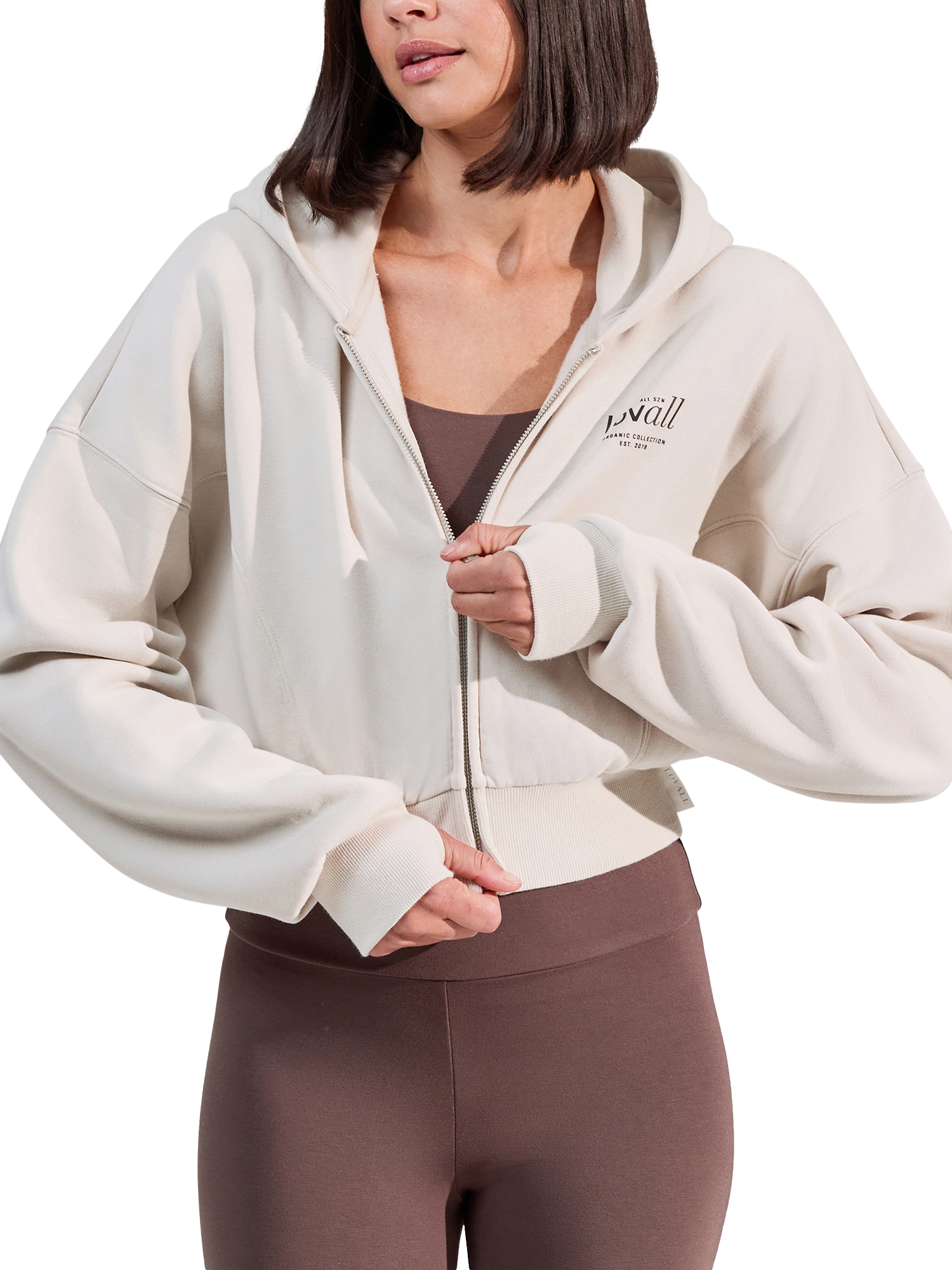 Product image 4 of 5, which shows Lovall ALL SZN Cropped Zip Through Hoodie, Ecru, 6