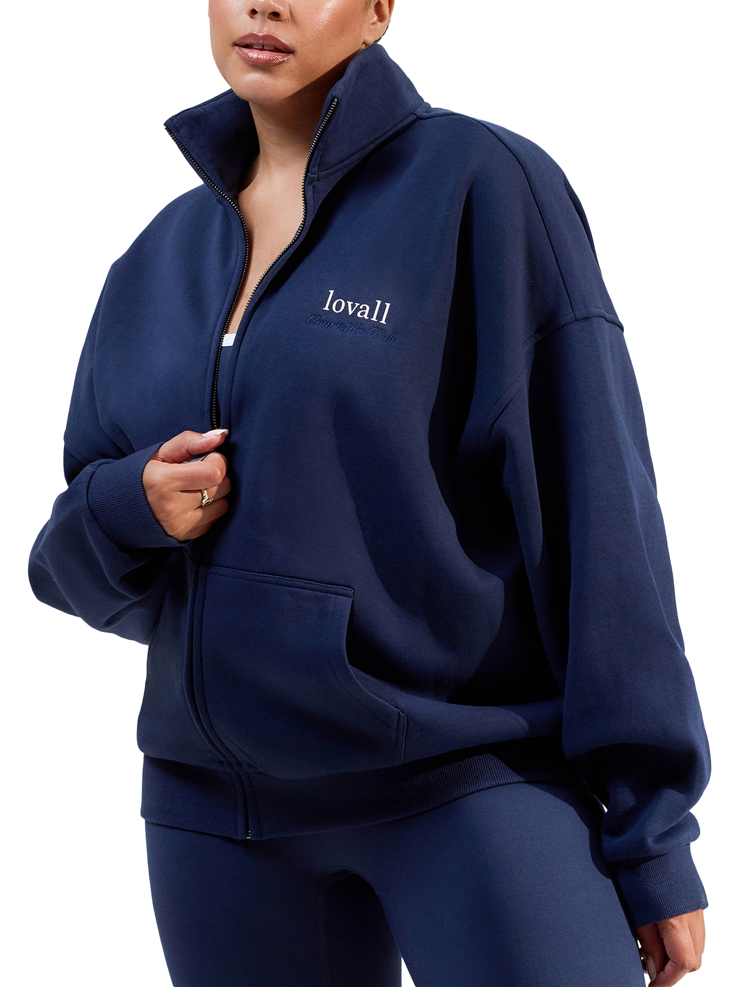 Product image 1 of 5, which shows Lovall ALL SZN Funnel Neck Zip Through Top, Navy, 6