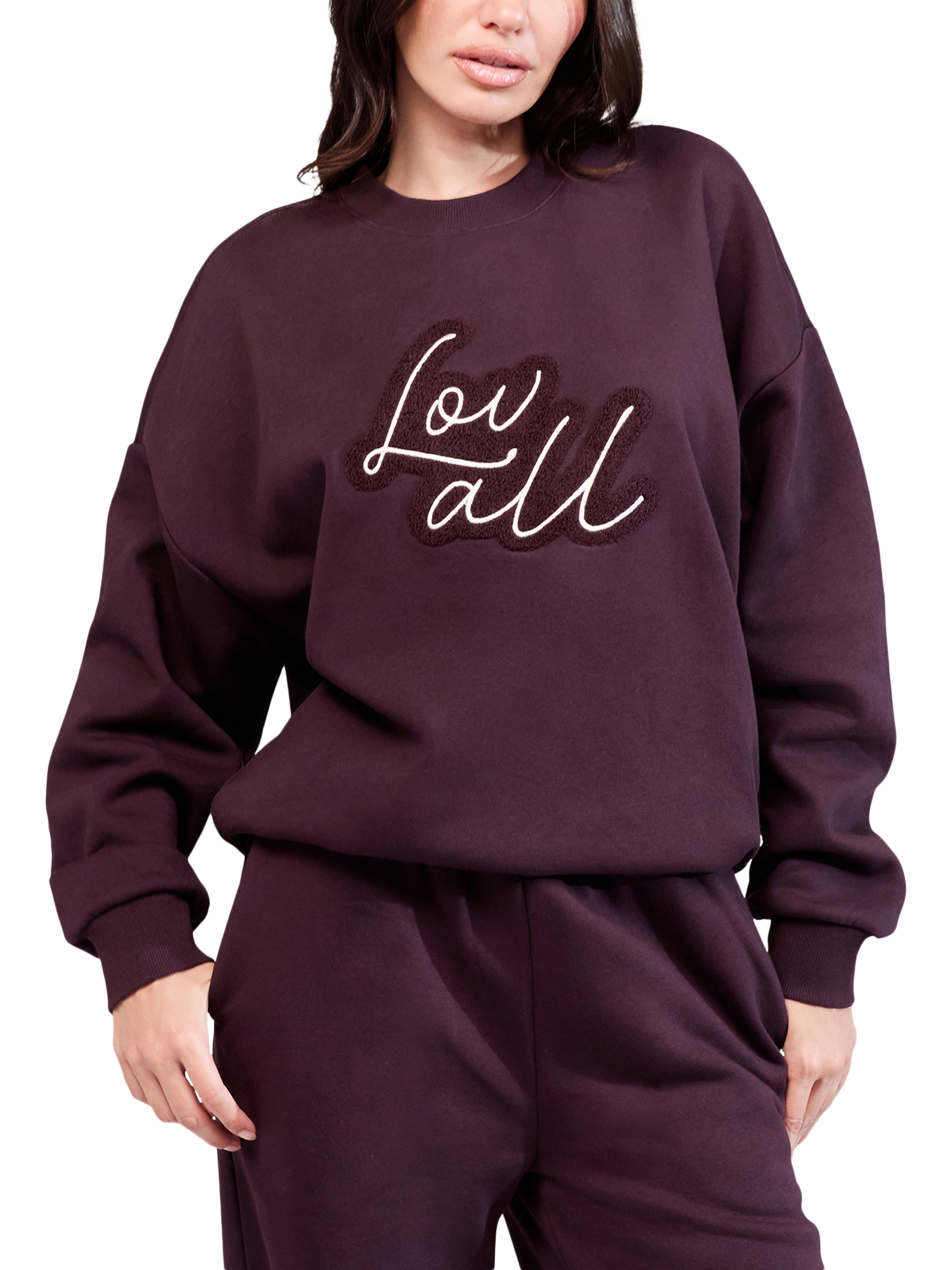 Product image 1 of 5, which shows Lovall Cotton Blend Oversized Crew Neck Sweatshirt, Wine, 6
