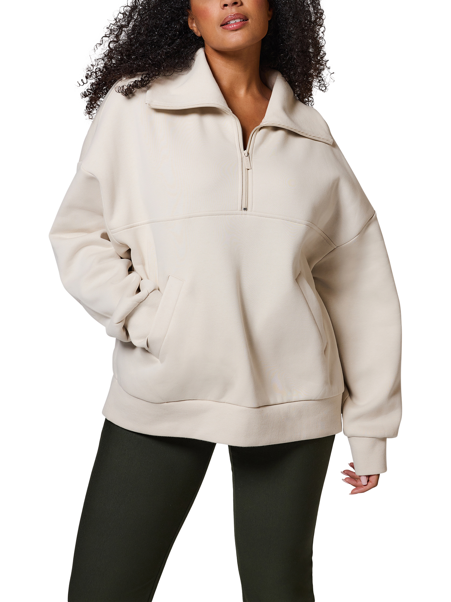 Product image 1 of 5, which shows Lovall Cotton Blend Oversized Quarter Zip Sweatshirt, Ecru, 28