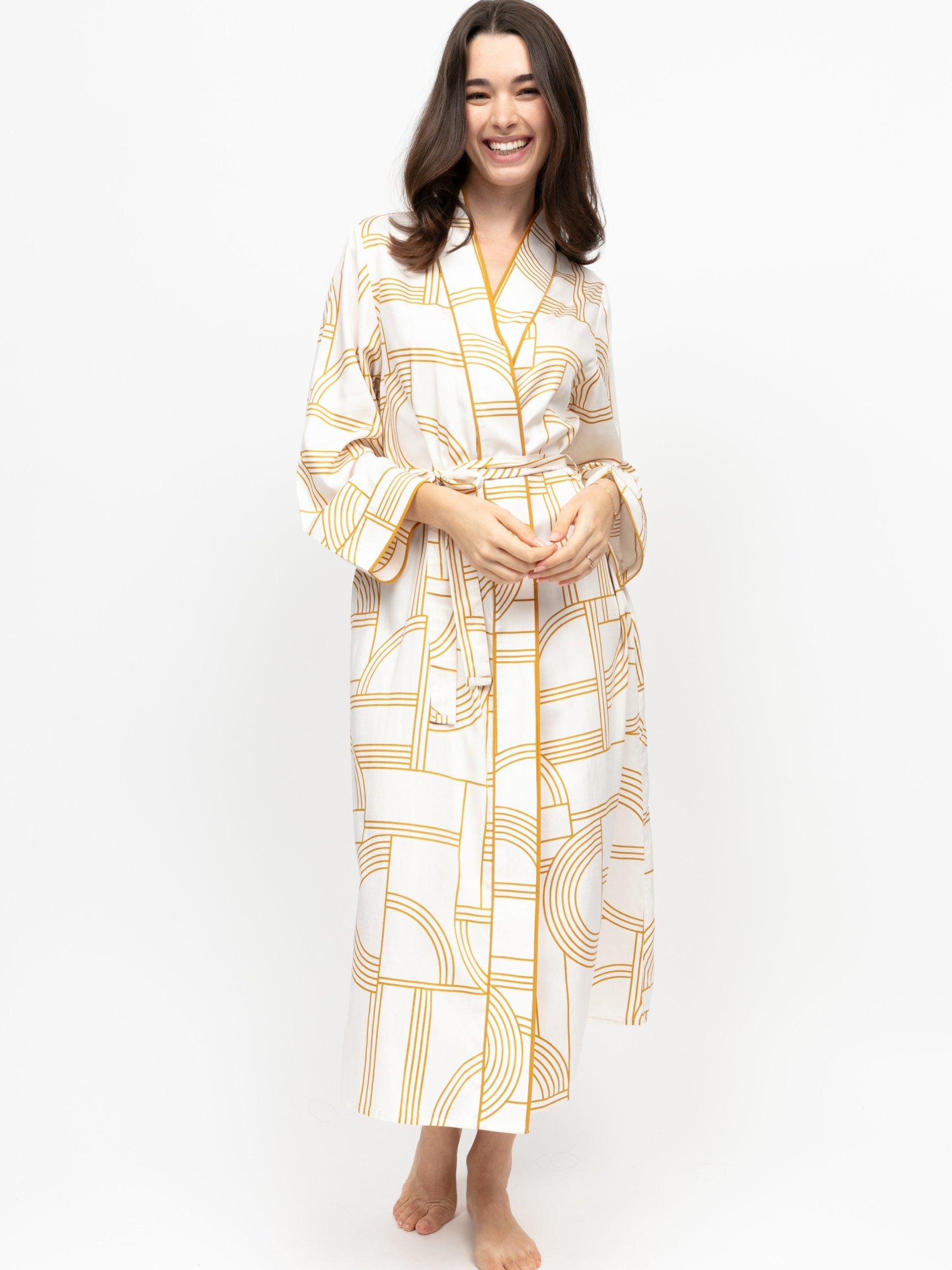 Product image 1 of 4, which shows Fable & Eve Victoria Geometric Dressing Gown, Cream/Yellow, 8
