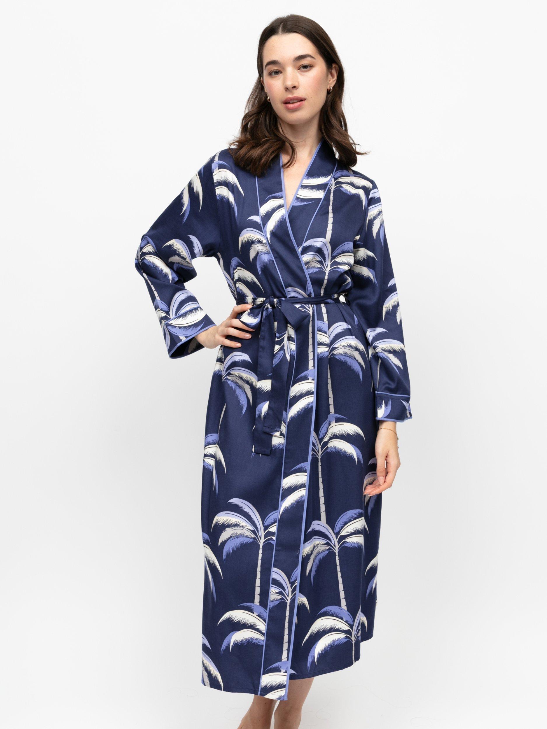 Product image 1 of 3, which shows Fable & Eve Chancery Palm Print Dressing Gown, Navy, 8