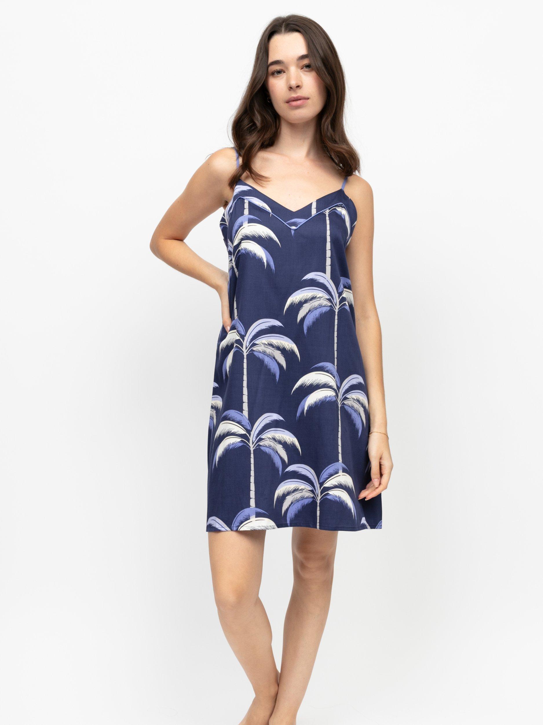 Product image 1 of 4, which shows Fable & Eve Chancery Palm Print Nightdress, Navy, 8