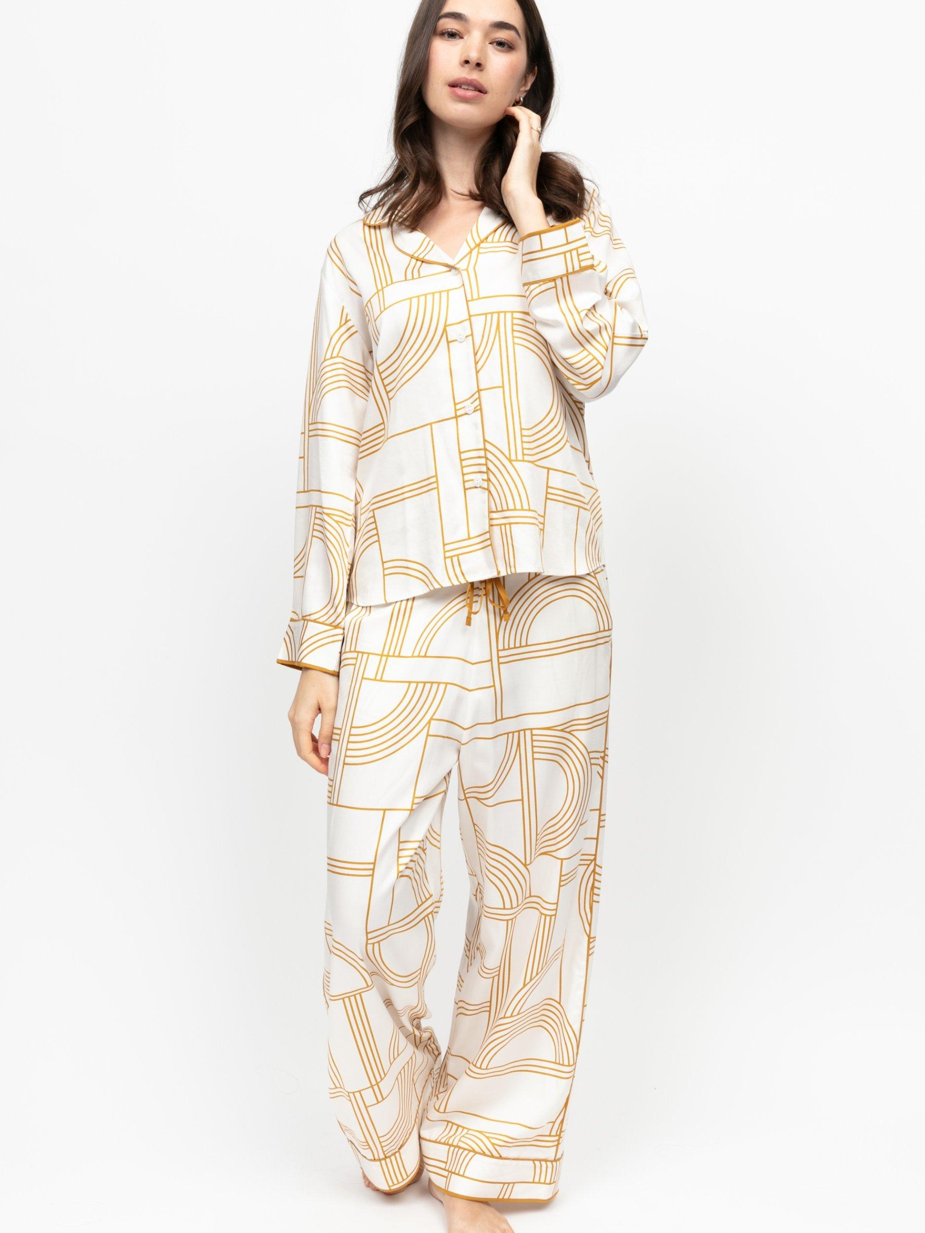 Product image 1 of 4, which shows Fable & Eve Victoria Geometric Button Through Long Pyjama Set, Victoria Cream, 8