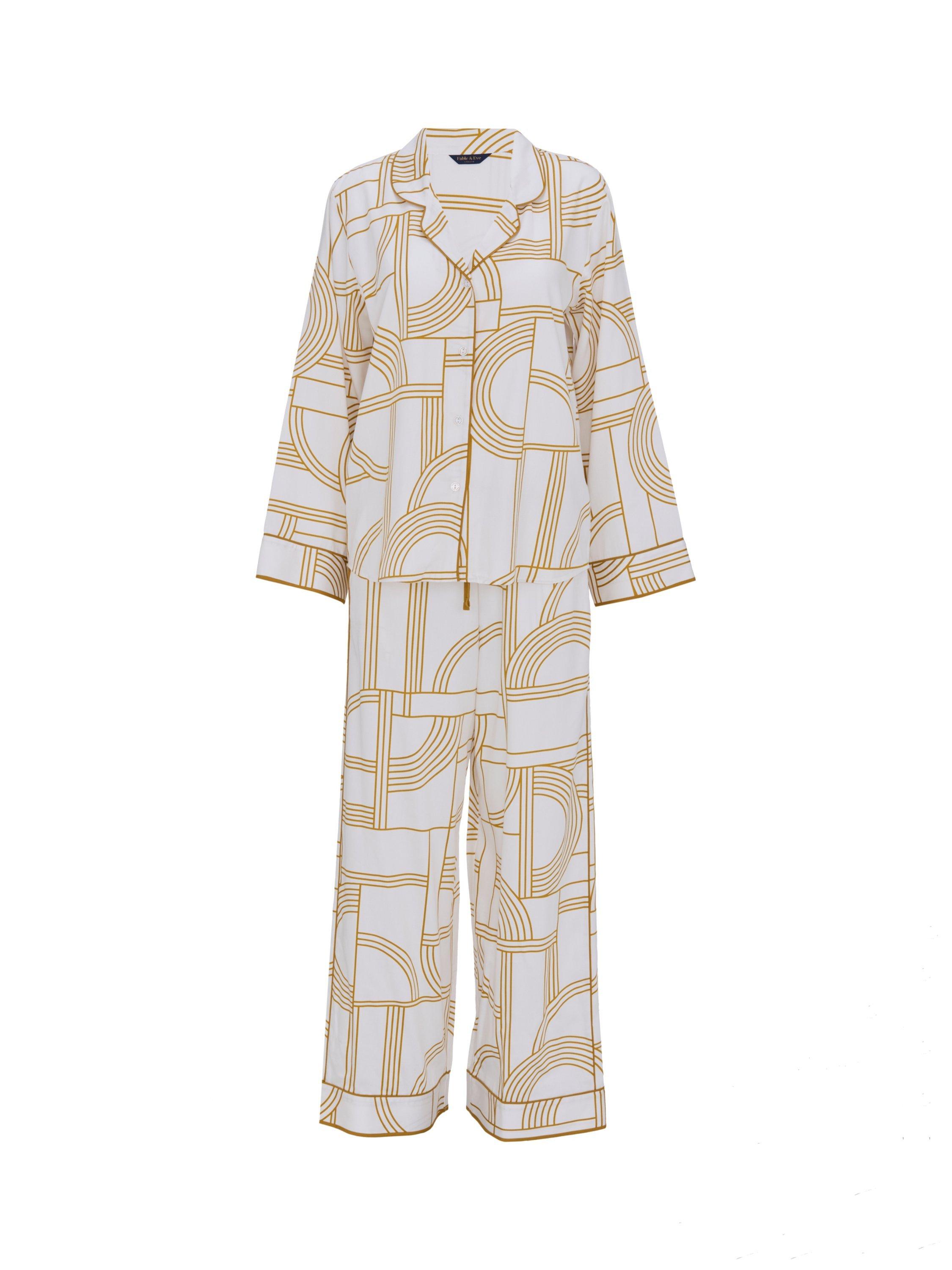 Product image 4 of 4, which shows Fable & Eve Victoria Geometric Button Through Long Pyjama Set, Victoria Cream, 8