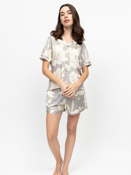 Fable & Eve Victoria Floral Shorty Pyjama Set, Grey/Multi, Grey/Multi