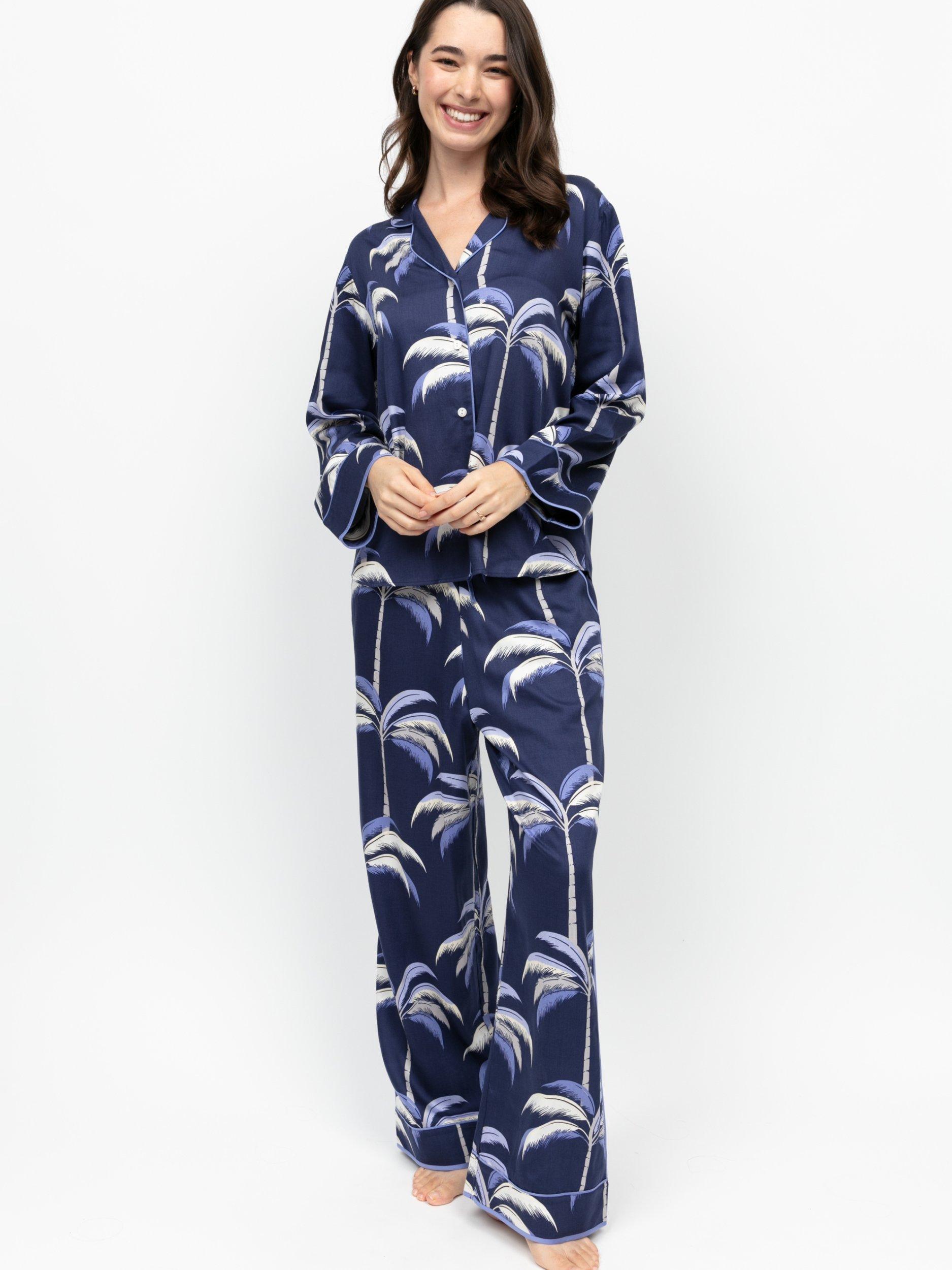 Product image 1 of 4, which shows Fable & Eve Chancery Palm Print Wide Leg Pyjama Set, Navy, 8