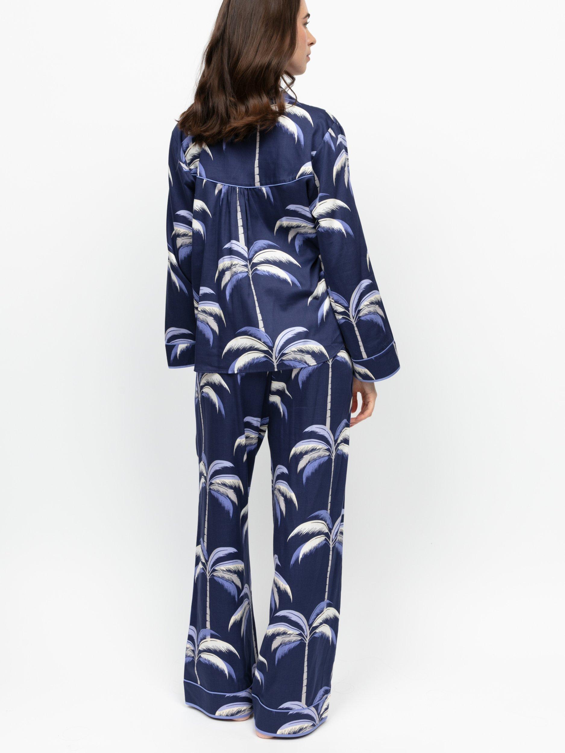 Product image 2 of 4, which shows Fable & Eve Chancery Palm Print Wide Leg Pyjama Set, Navy, 8
