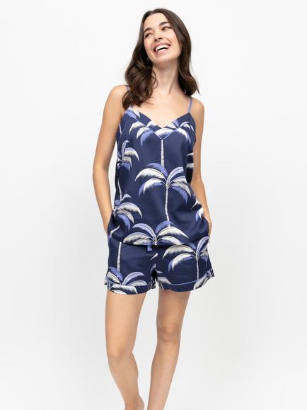 Fable & Eve Chancery Palm Print Strappy Shorty Pyjama Set, Navy, Navy