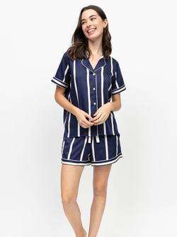 Fable & Eve Chancery Stripe Button Through Short Pyjama Set, Chancery Navy, Chancery Navy
