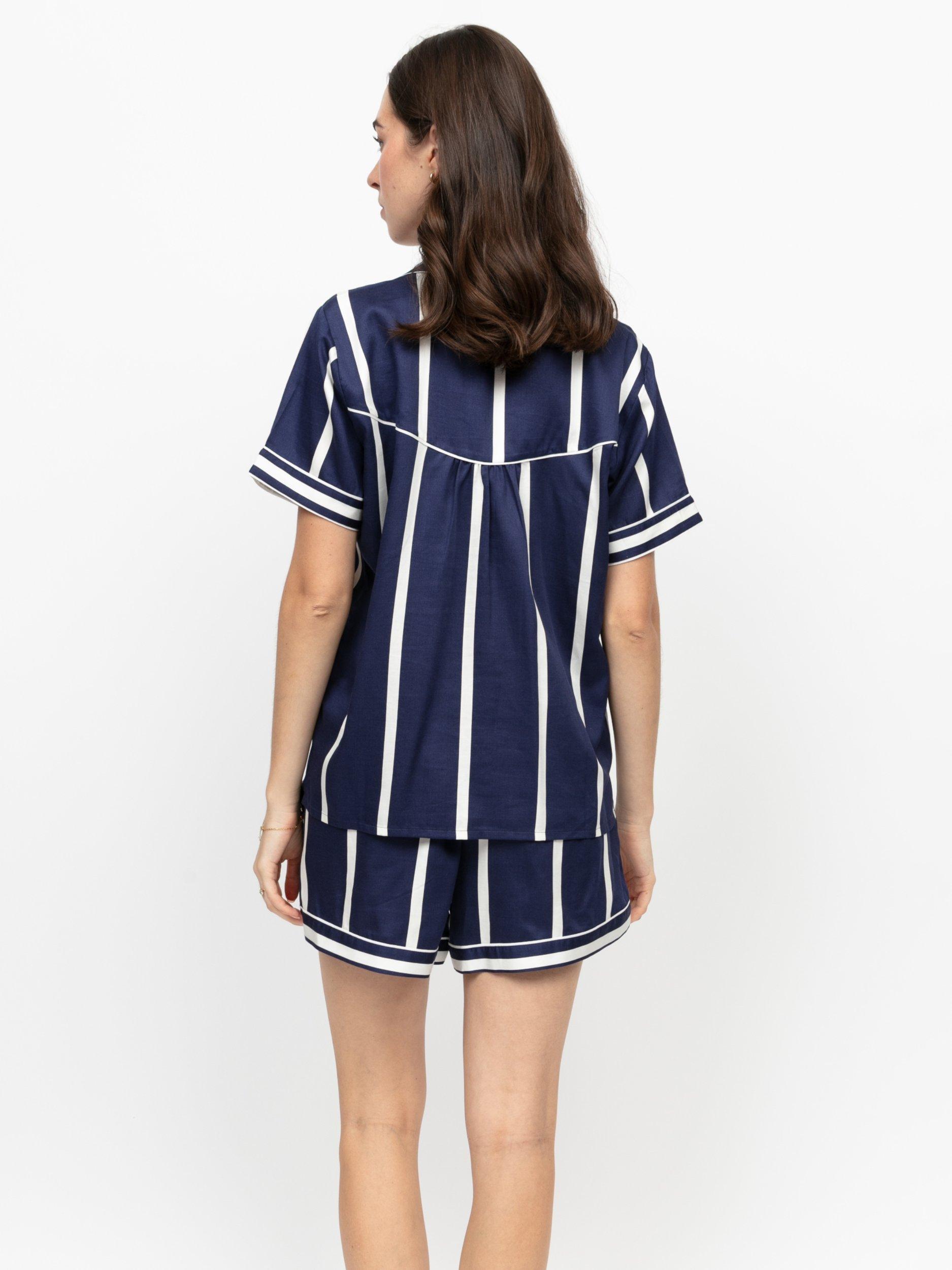 Product image 2 of 4, which shows Fable & Eve Chancery Stripe Button Through Short Pyjama Set, Chancery Navy, 8