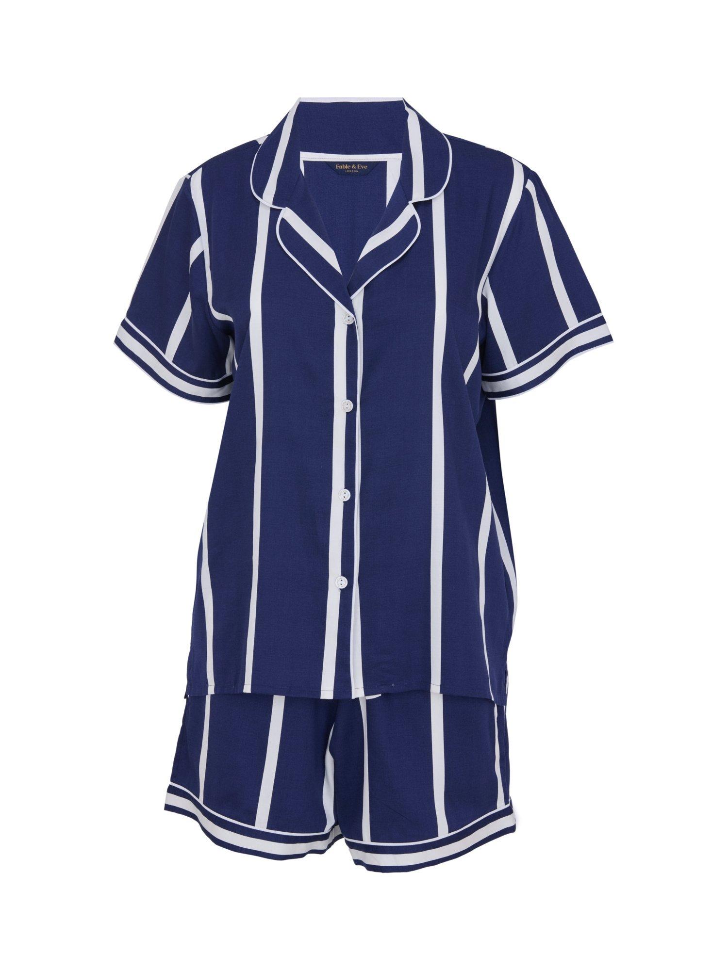 Product image 4 of 4, which shows Fable & Eve Chancery Stripe Button Through Short Pyjama Set, Chancery Navy, 8