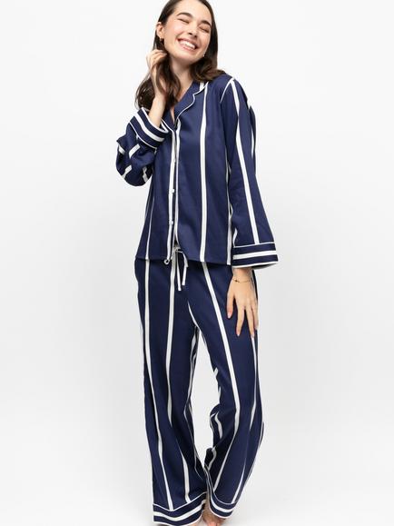 Fable & Eve Chancery Stripe Button Through Long Pyjama Set, Navy/White, Navy/White