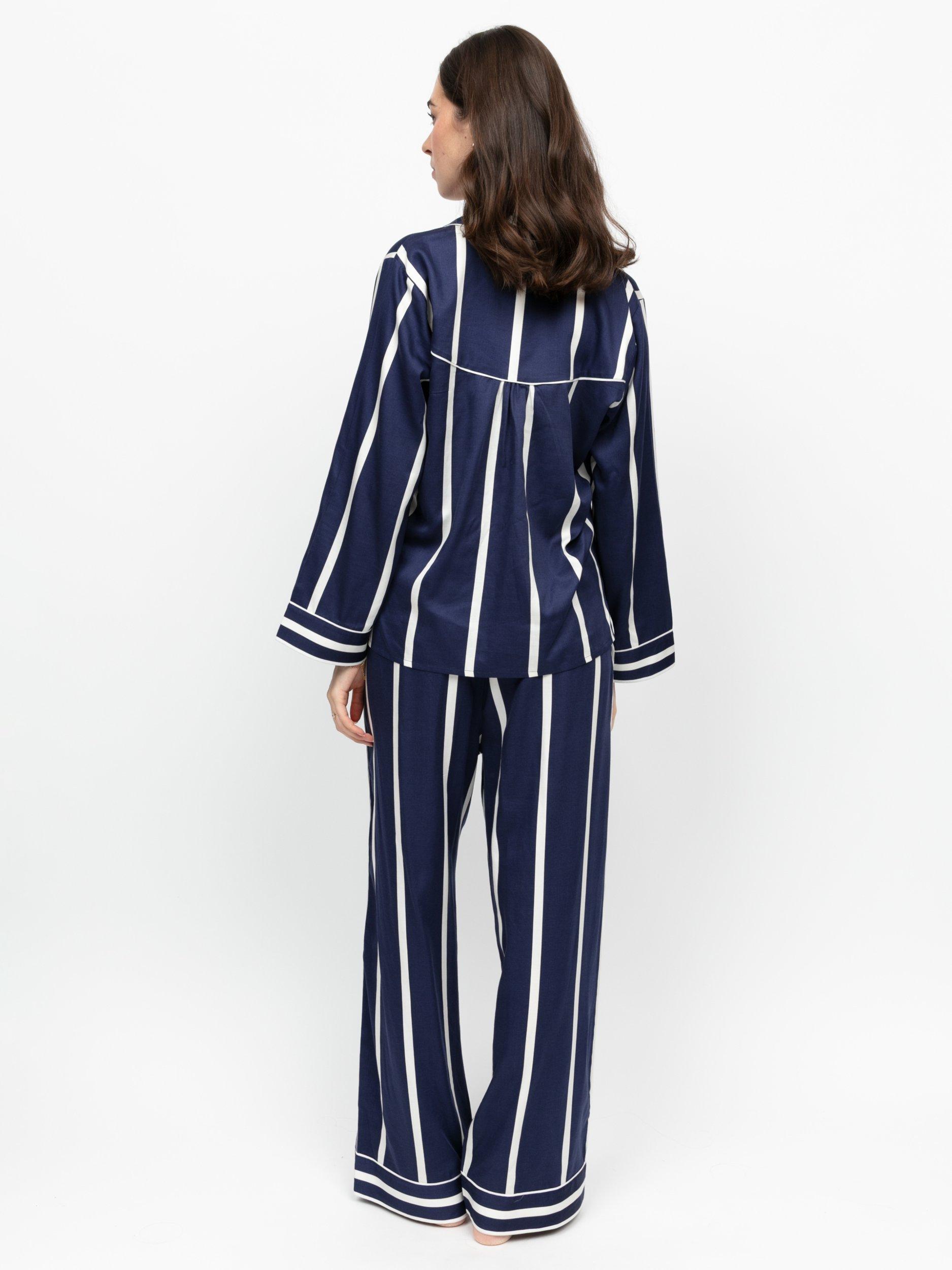 Product image 2 of 4, which shows Fable & Eve Chancery Stripe Button Through Long Pyjama Set, Navy/White, 8
