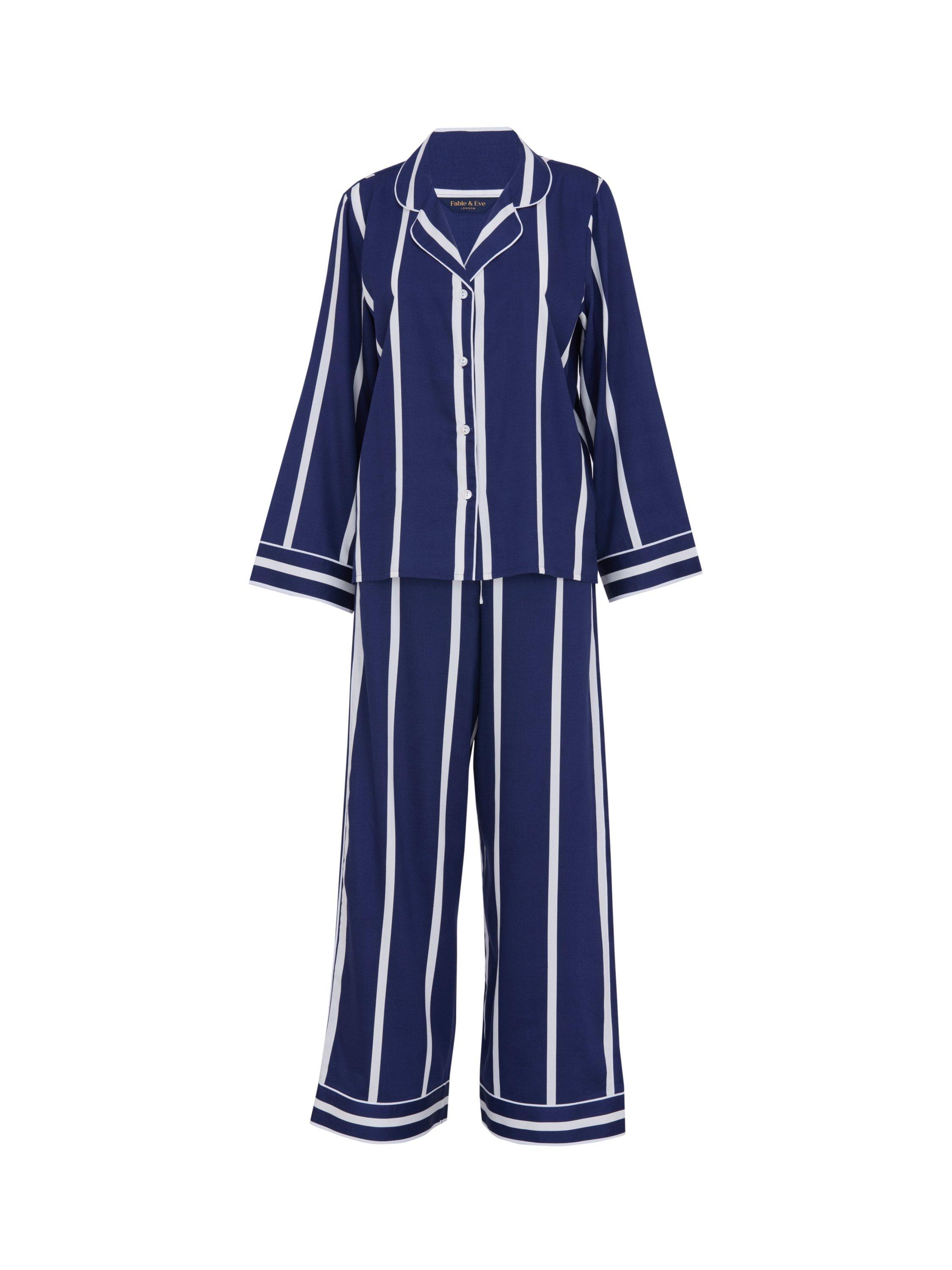 Product image 4 of 4, which shows Fable & Eve Chancery Stripe Button Through Long Pyjama Set, Navy/White, 8