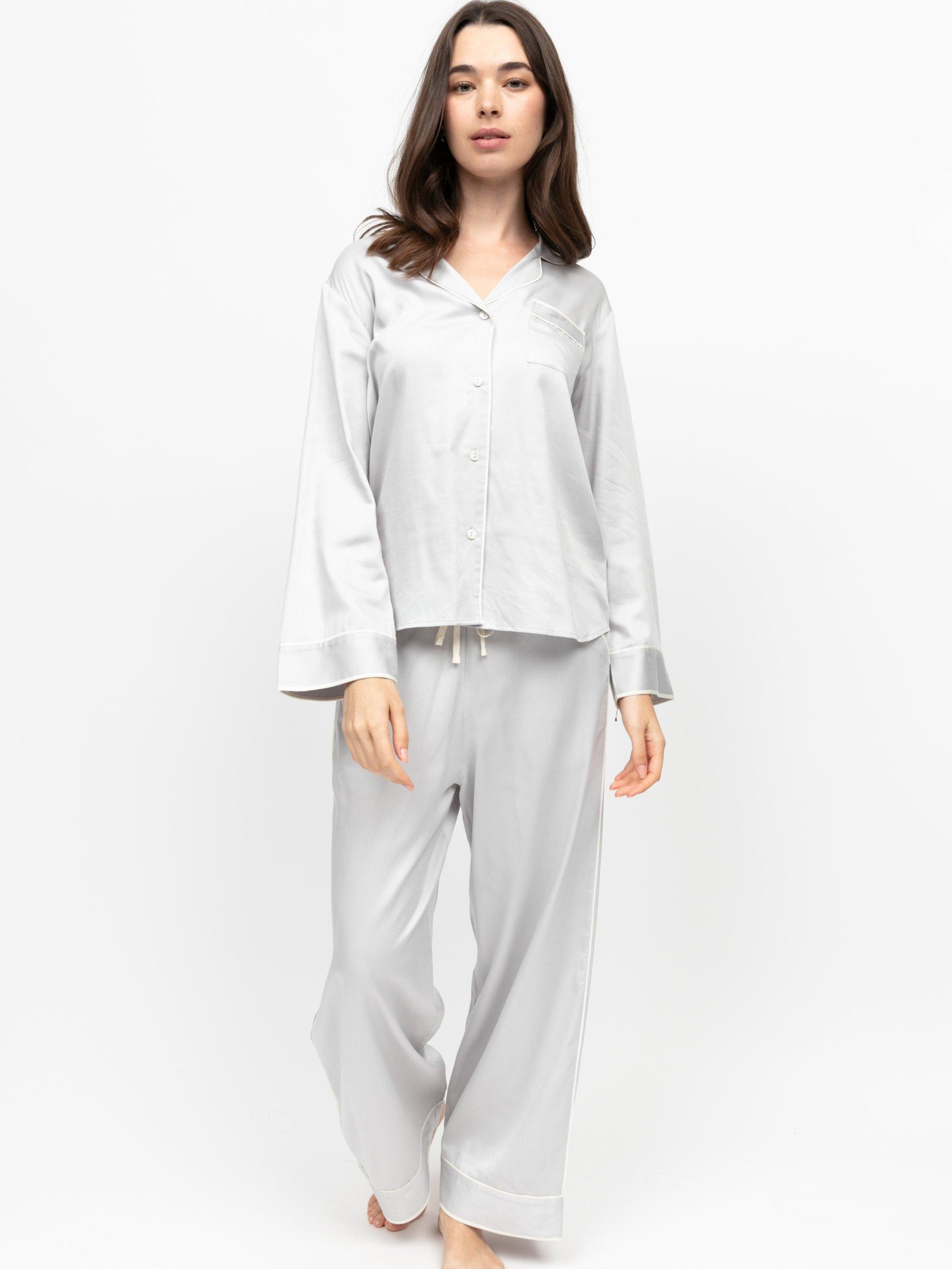 Product image 1 of 4, which shows Fable & Eve Victoria Button Through Long Pyjama Set, Silver Grey, 8