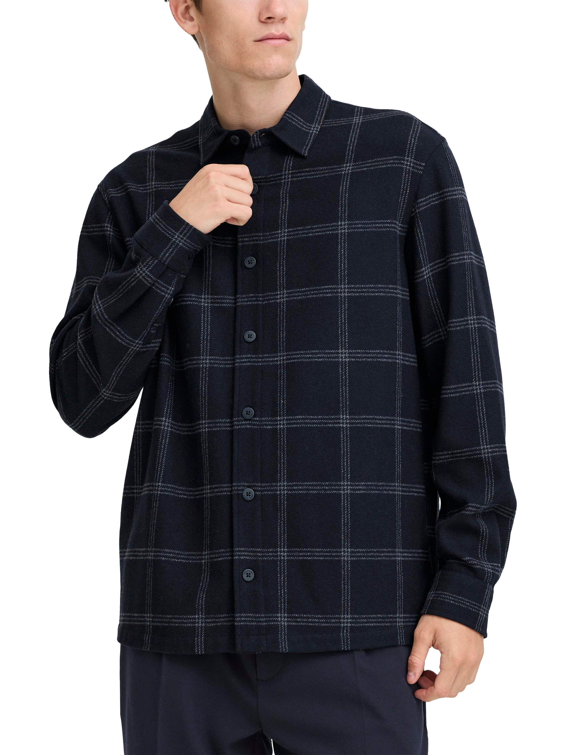 Product image 1 of 7, which shows Casual Friday Martis Wool Blend Checked Overshirt, Dark Navy, S