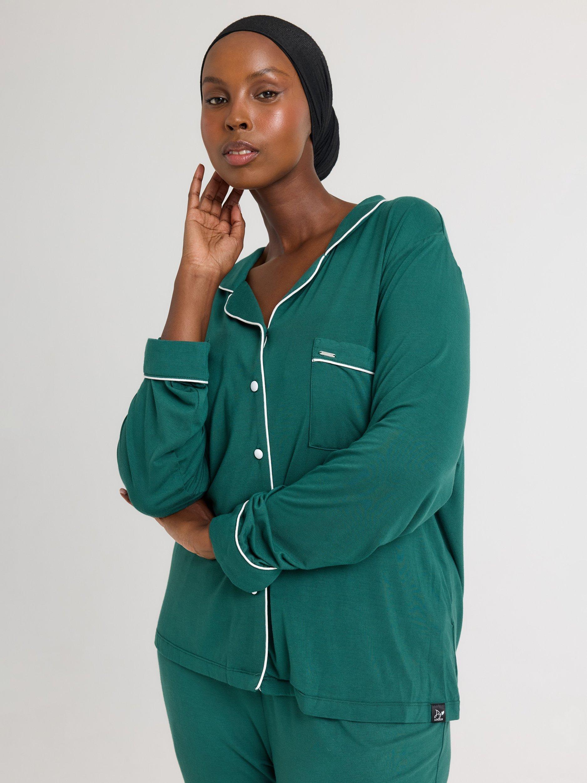 Product image 2 of 5, which shows Pretty You London Bamboo Long Pyjama Set, Green/White, 8