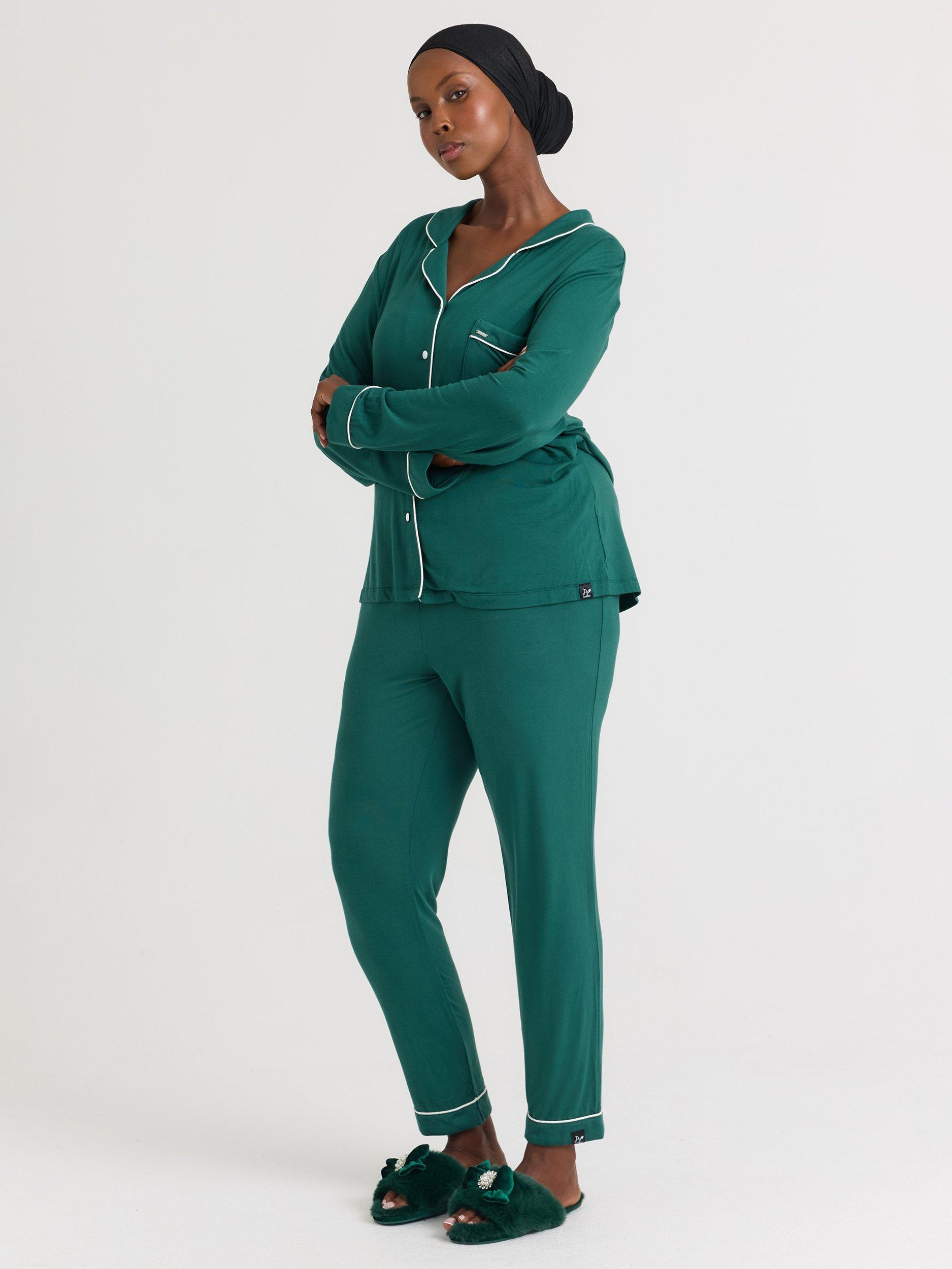 Product image 4 of 5, which shows Pretty You London Bamboo Long Pyjama Set, Green/White, 8