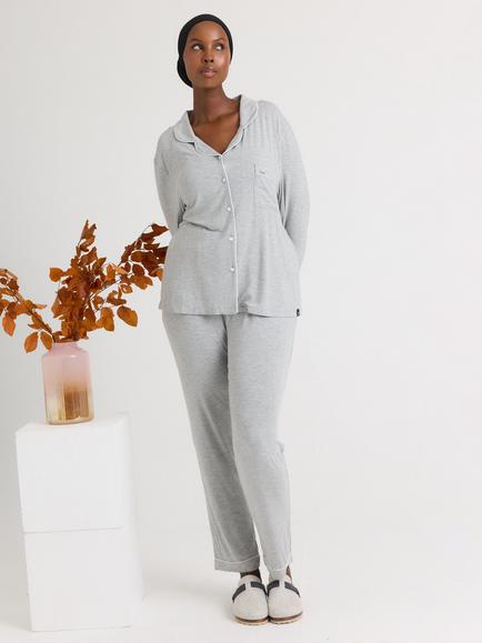 Pretty You London Contrast Trim Bamboo Rich Long Pyjama Set, Grey Marl