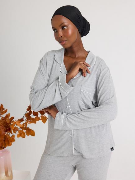 Pretty You London Contrast Trim Bamboo Rich Long Pyjama Set - view 2, Grey Marl