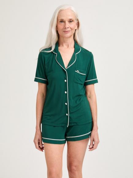 Pretty You London Contrast Trim Bamboo Rich Shorty Pyjama Set, Green/White