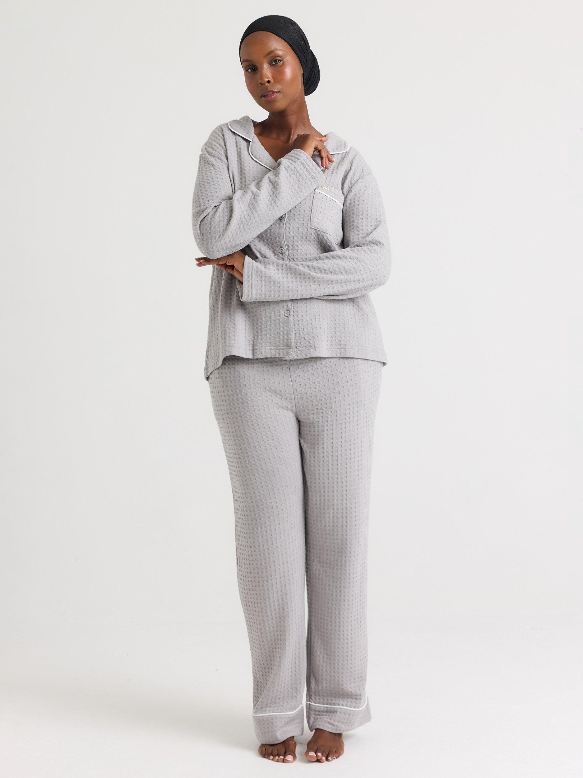 Product image 1 of 4, which shows Pretty You London Luxury Suite Waffle Button Through Long Pyjama Set, Grey, 8-10