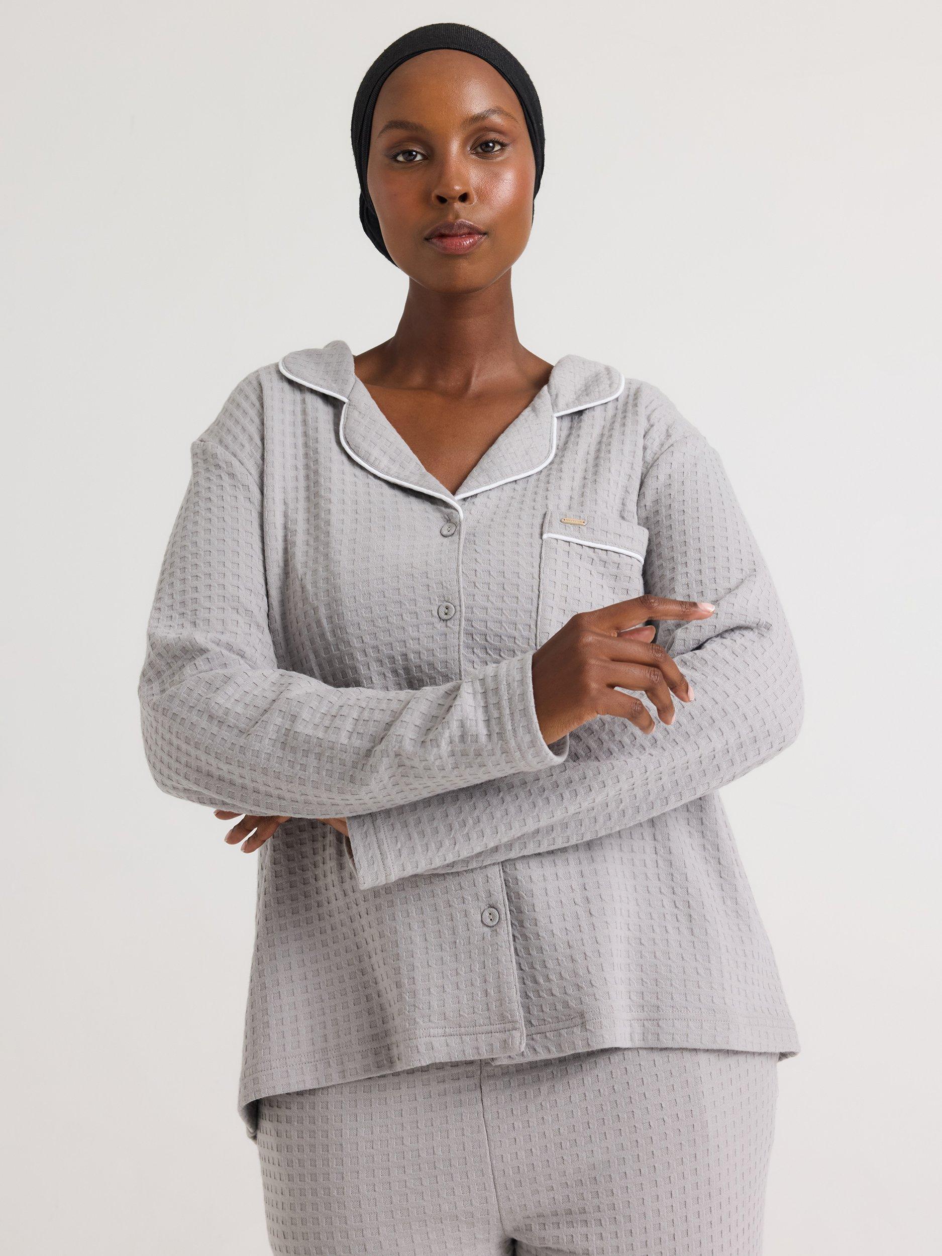 Product image 4 of 4, which shows Pretty You London Luxury Suite Waffle Button Through Long Pyjama Set, Grey, 8-10