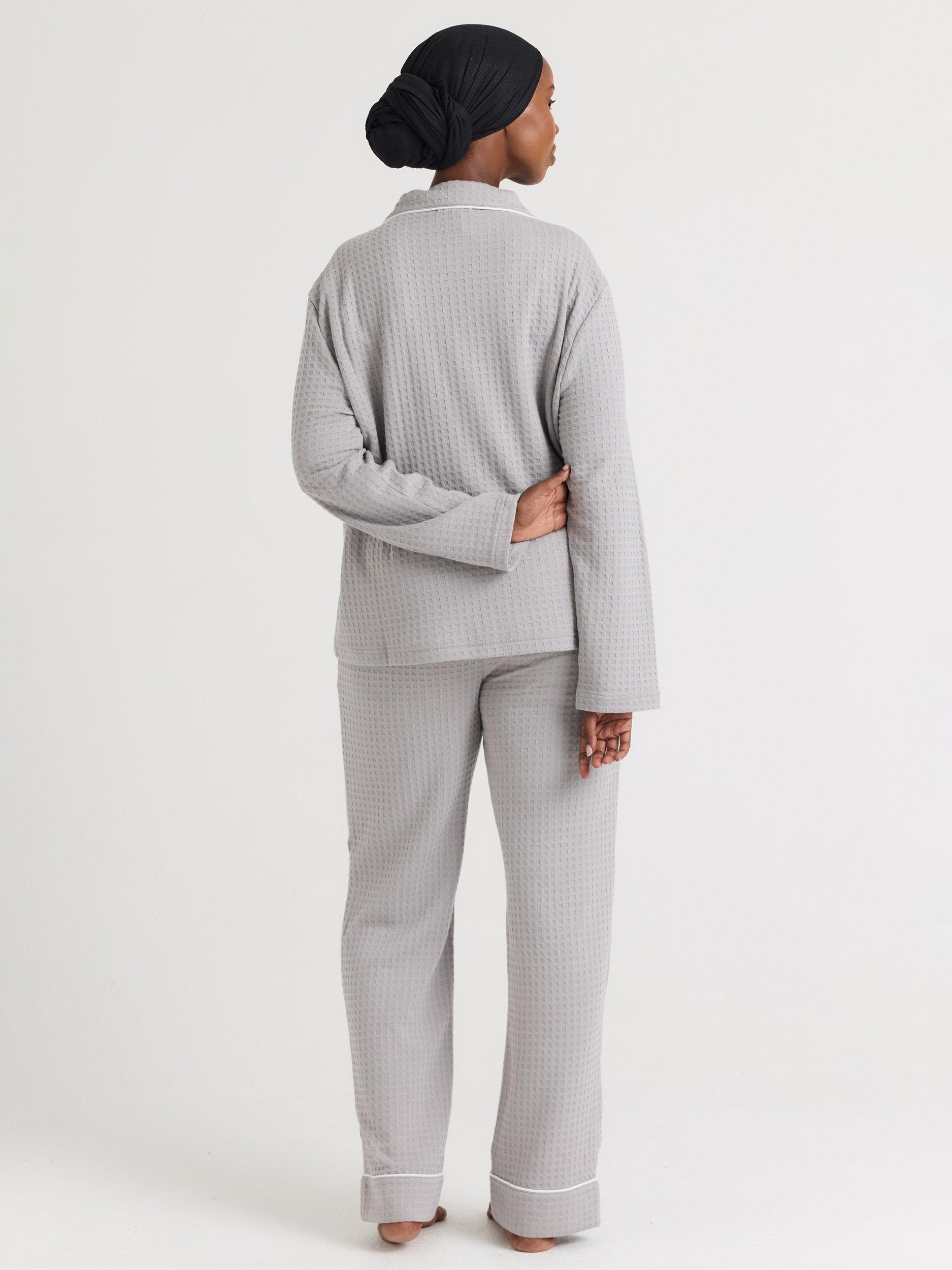 Product image 2 of 4, which shows Pretty You London Luxury Suite Waffle Button Through Long Pyjama Set, Grey, 8-10