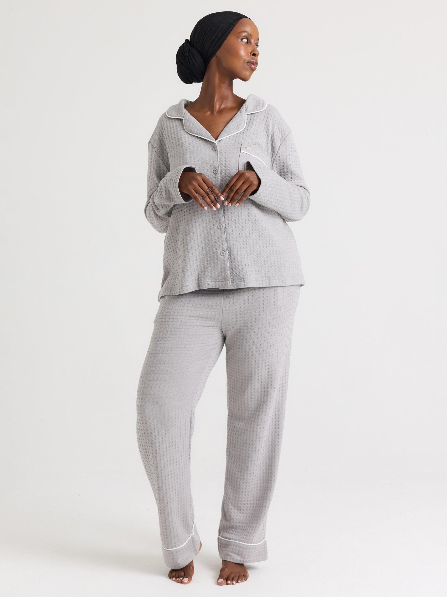 Product image 3 of 4, which shows Pretty You London Luxury Suite Waffle Button Through Long Pyjama Set, Grey, 8-10