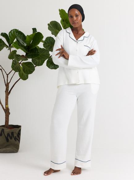Pretty You London Luxury Suite Waffle Button Through Long Pyjama Set, White