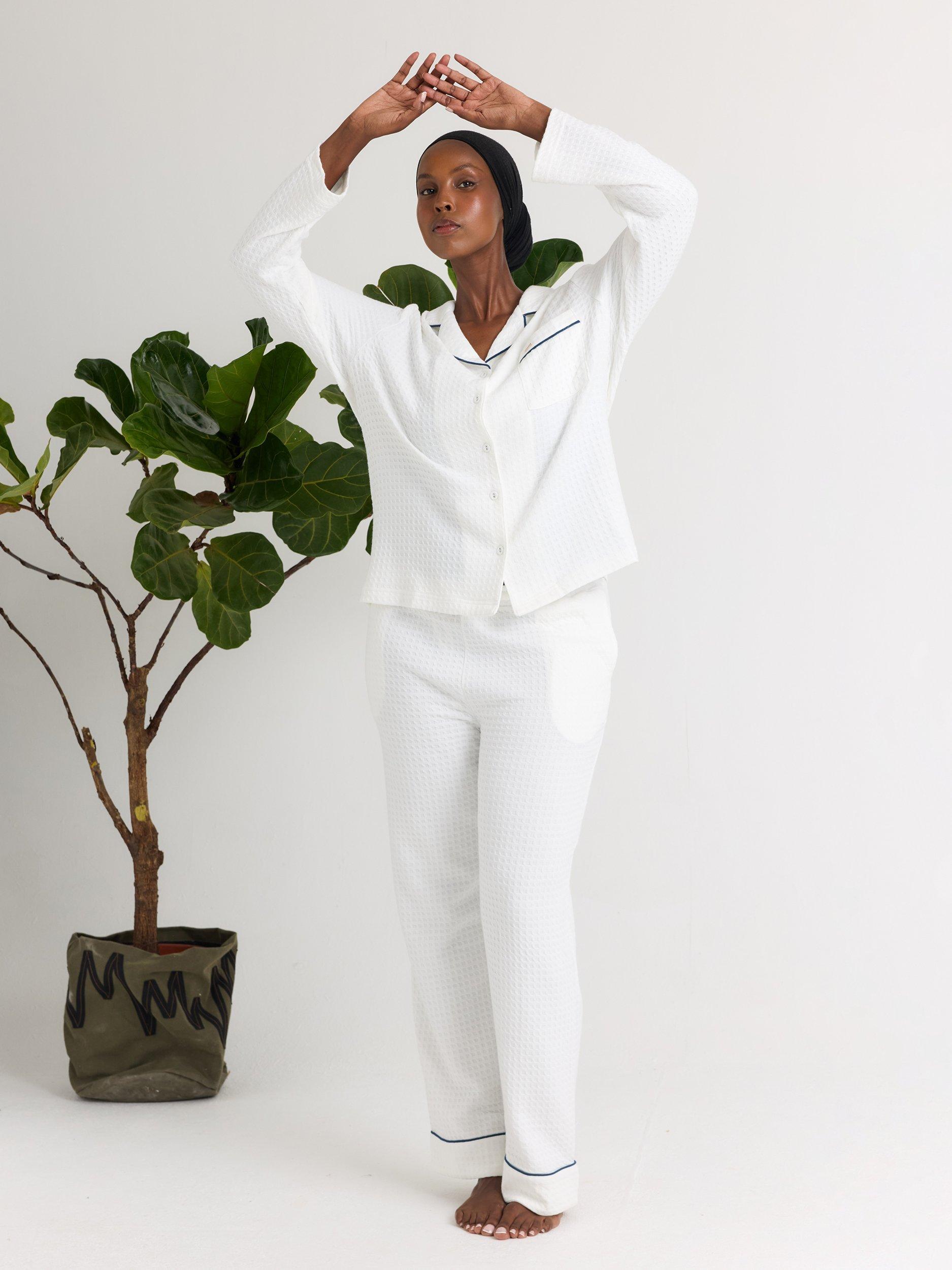 Product image 4 of 7, which shows Pretty You London Luxury Suite Waffle Button Through Long Pyjama Set, White, 8-10