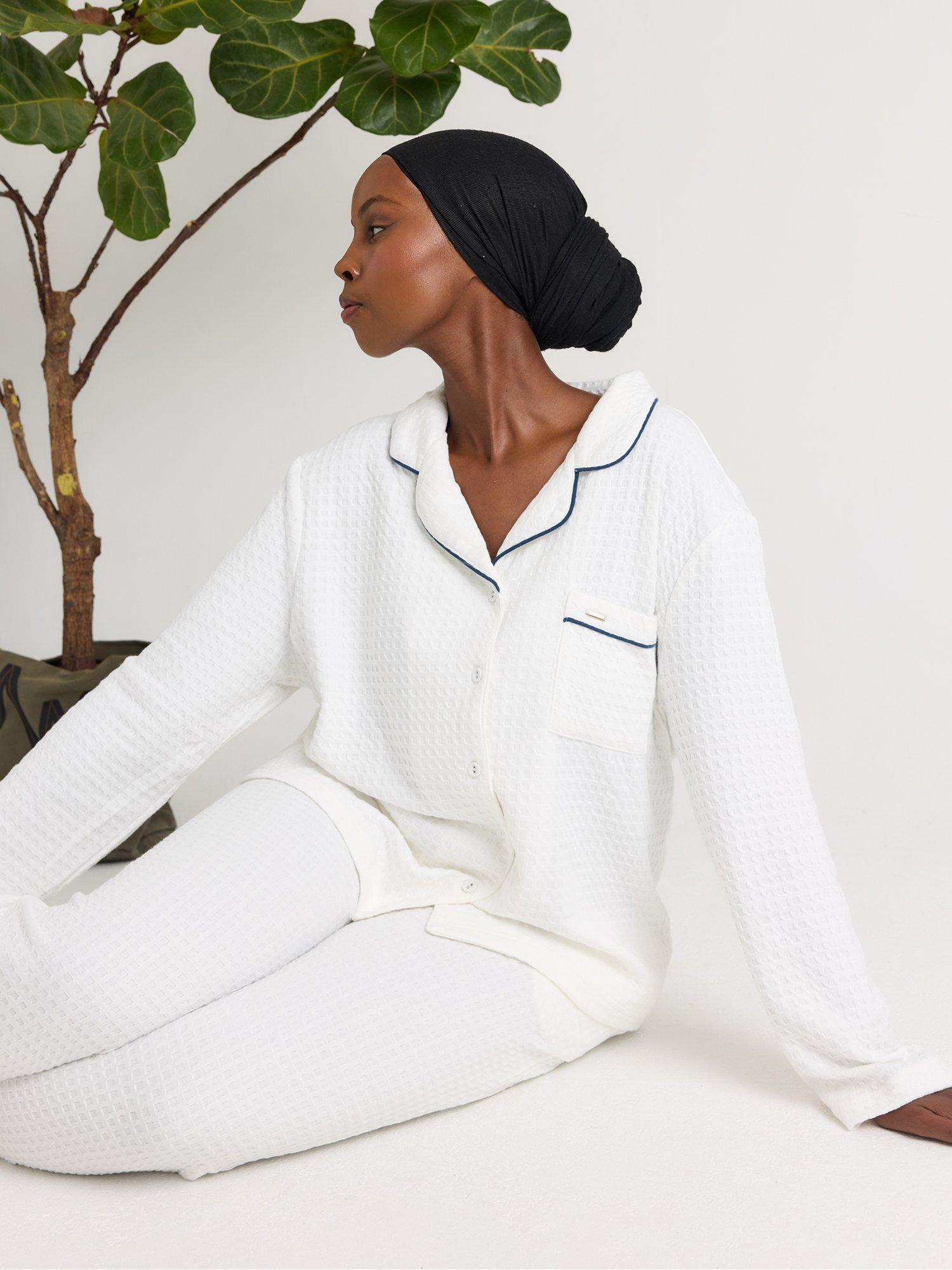 Product image 7 of 7, which shows Pretty You London Luxury Suite Waffle Button Through Long Pyjama Set, White, 8-10