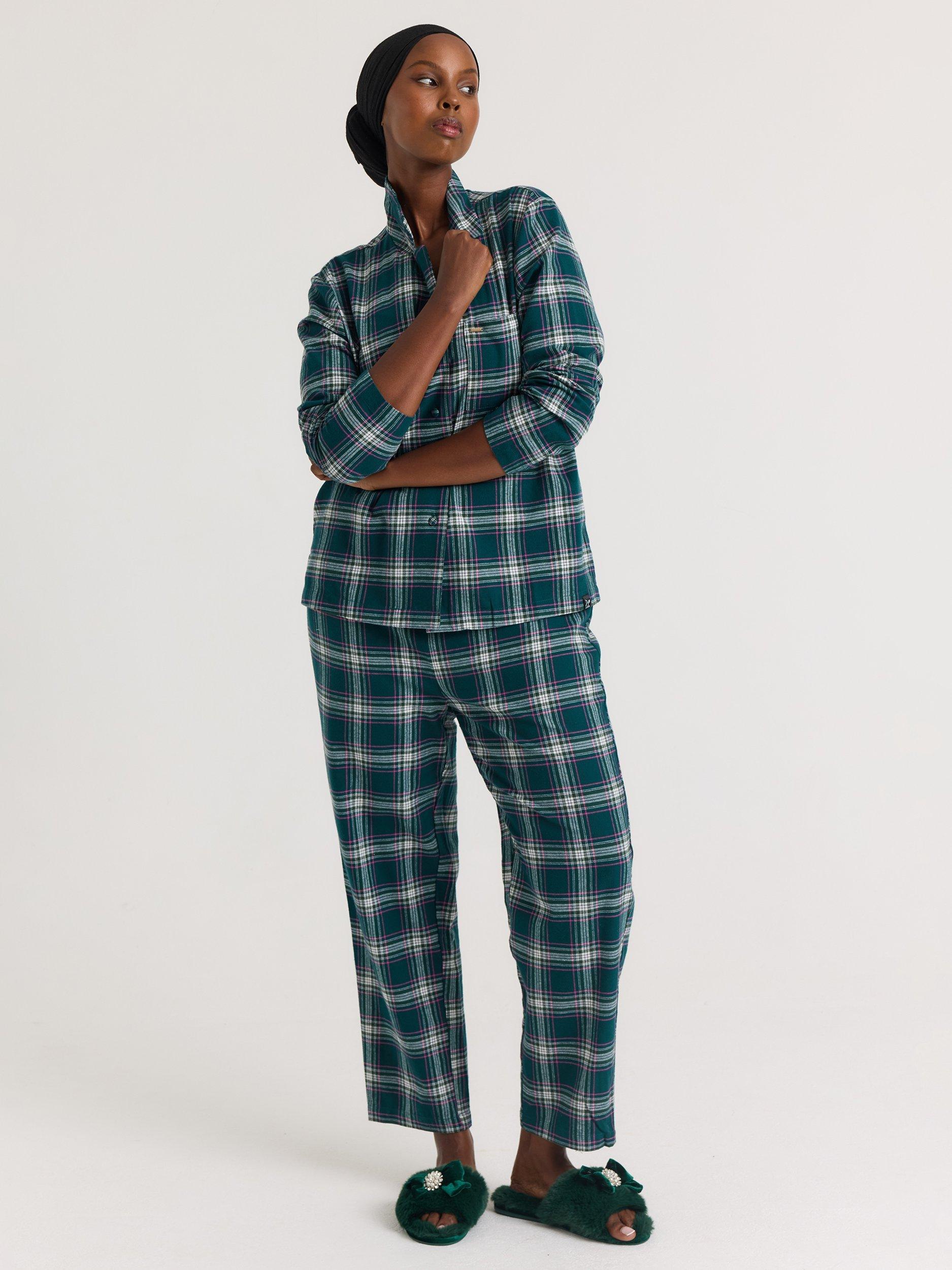 Product image 1 of 7, which shows Pretty You London Plaid Button Through Pyjama Set, Green/Multi, 8-10