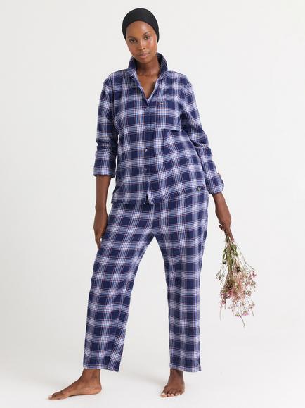 Pretty You London Plaid Button Through Pyjama Set, Blue/Multi