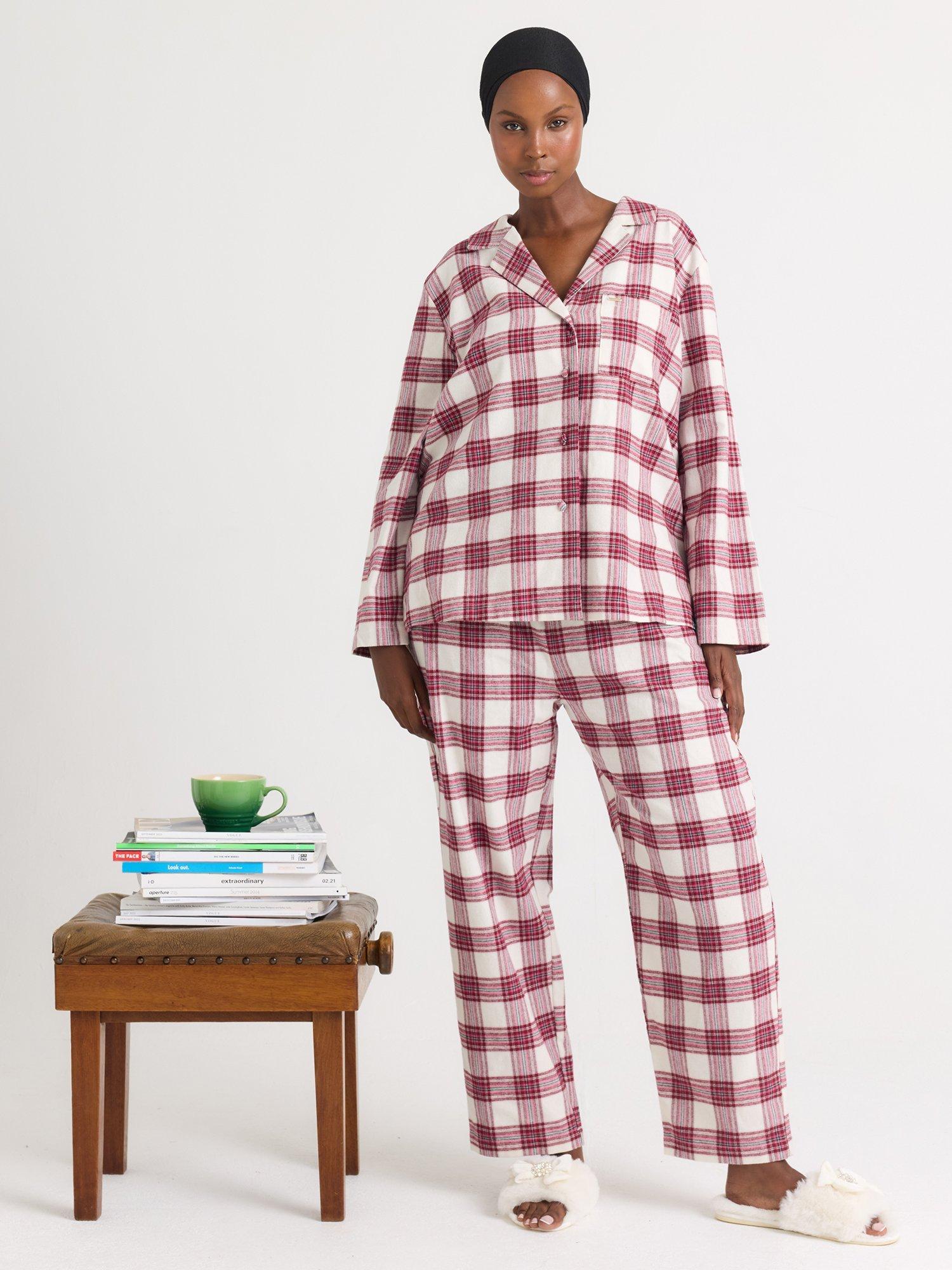 Product image 1 of 7, which shows Pretty You London Plaid Button Through Pyjama Set, Stone, 8-10